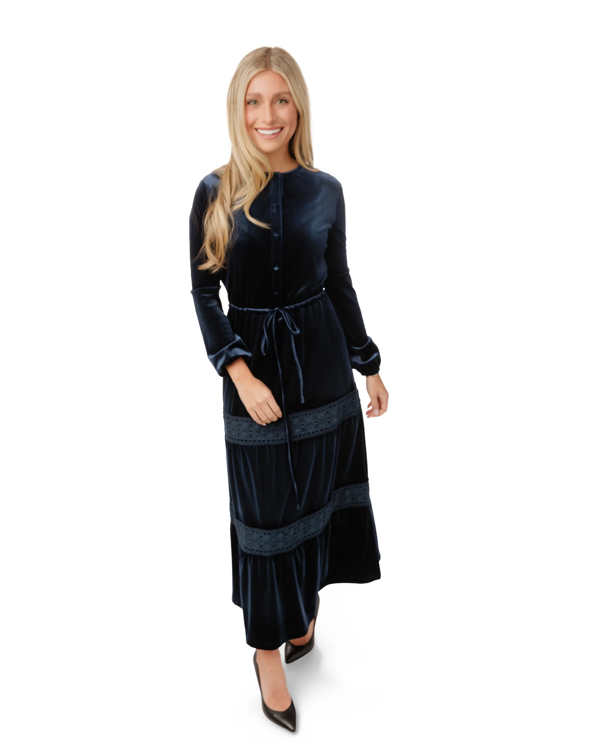 Blue Velvet And Lace Drawstring Dress