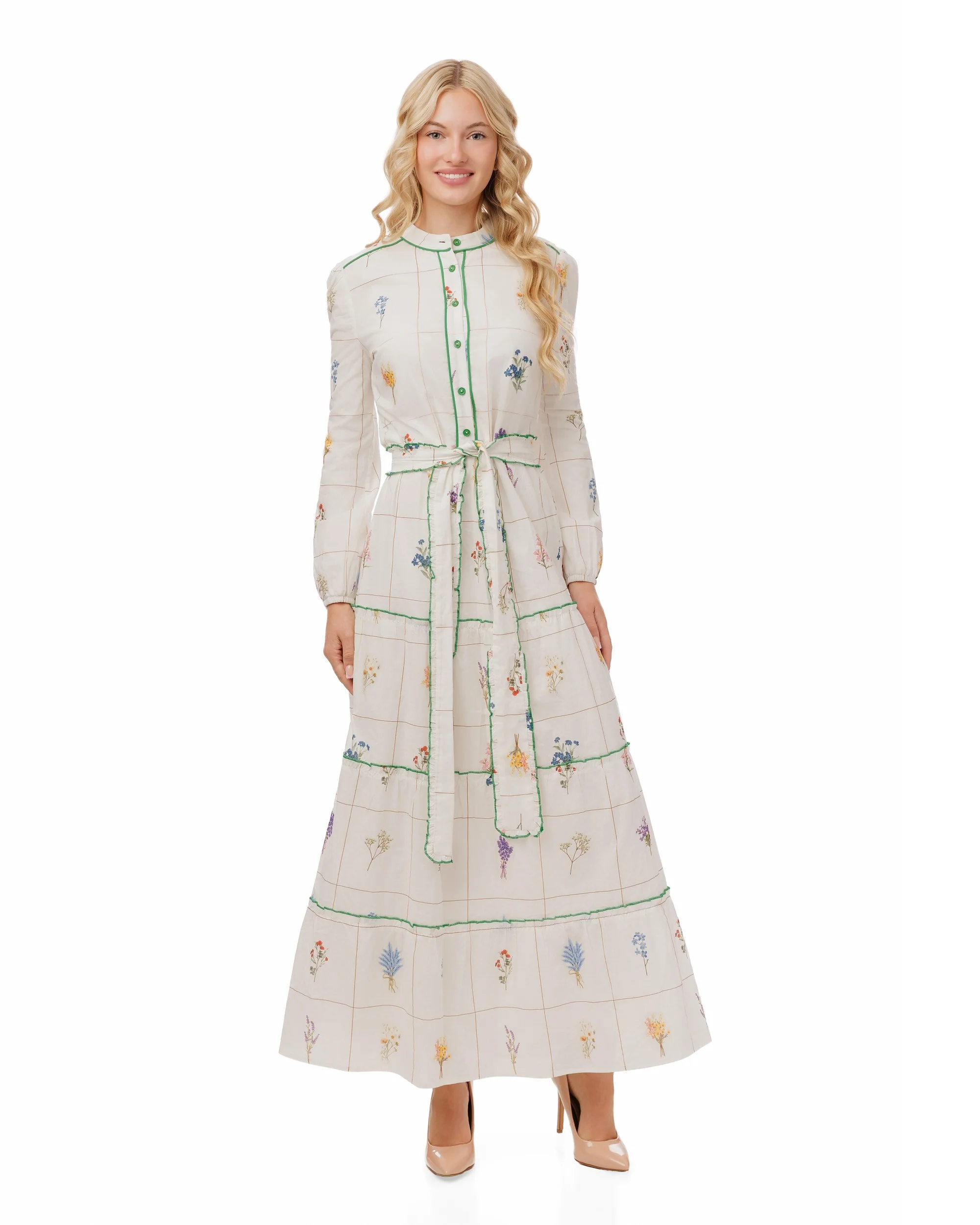 Bouquet Grid Print White Dress With Contrast Hem