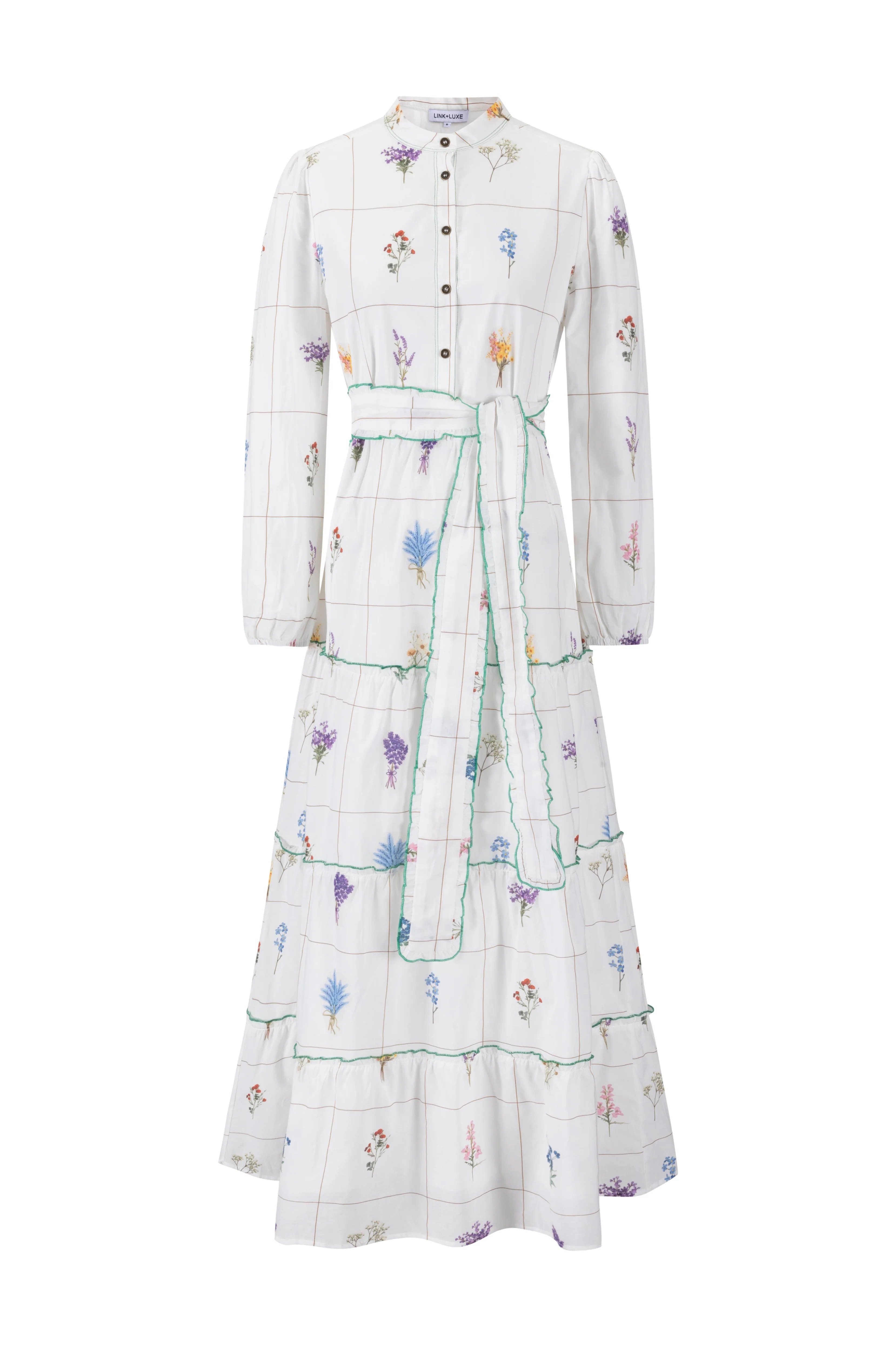 Bouquet Grid Print White Dress With Contrast Hem - Image 2
