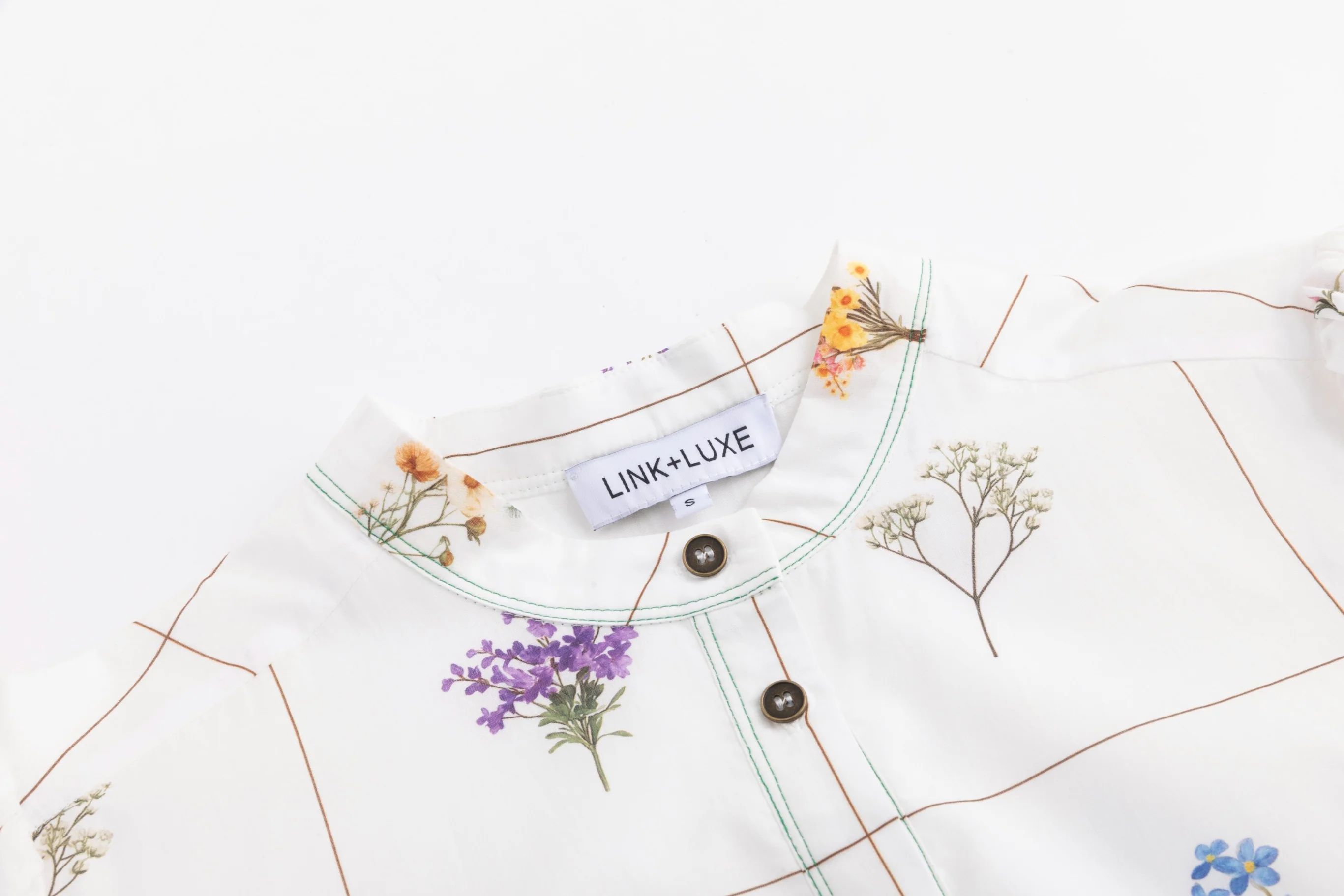 Bouquet Grid Print White Dress With Contrast Hem - Image 5