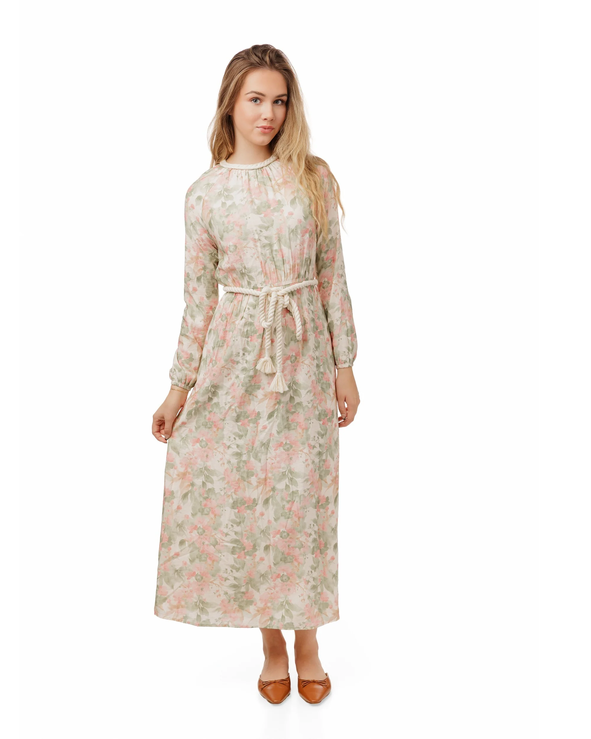 Braided Collar Detail Pink And Green Dress