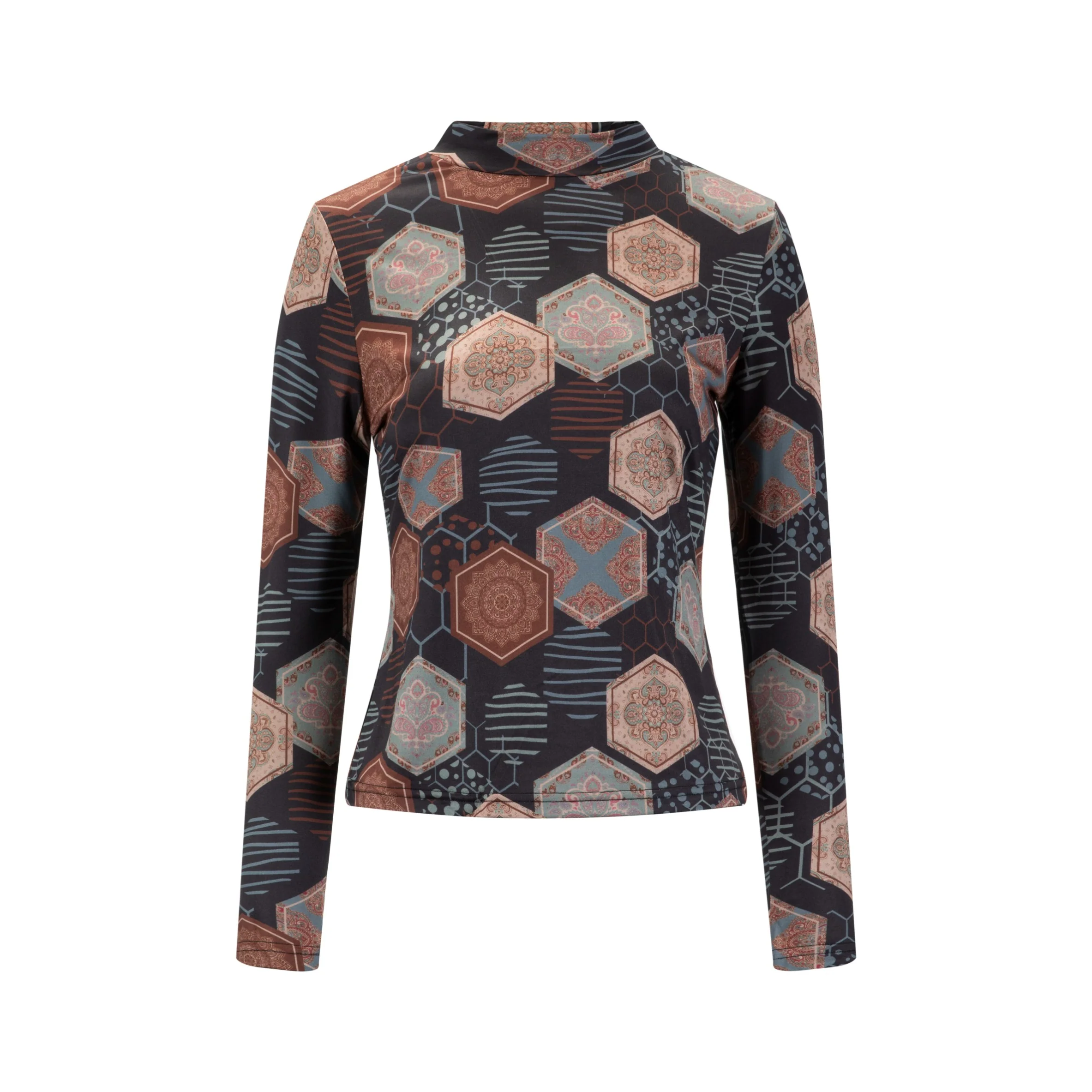 Brown Printed Mock Neck Top - Image 2
