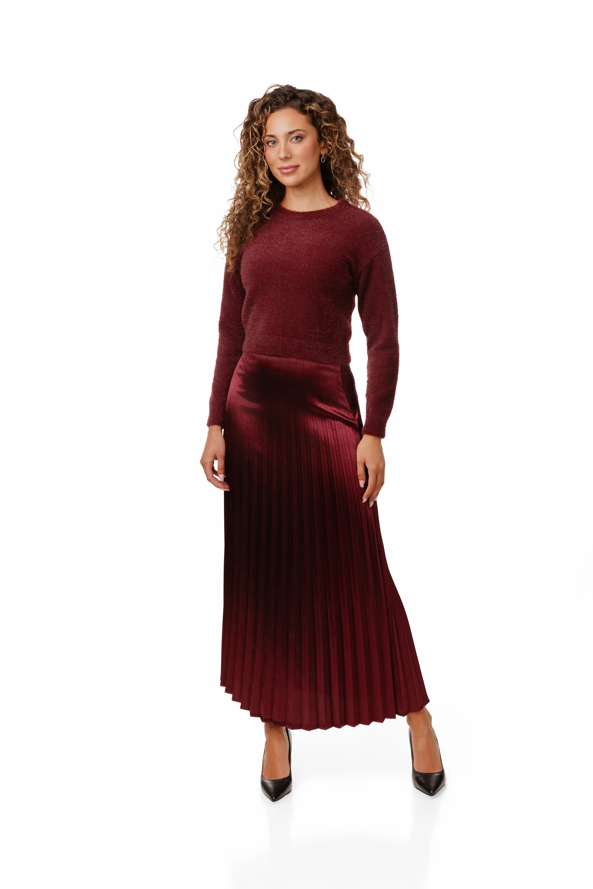 Burgundy Pleated Satin Skirt