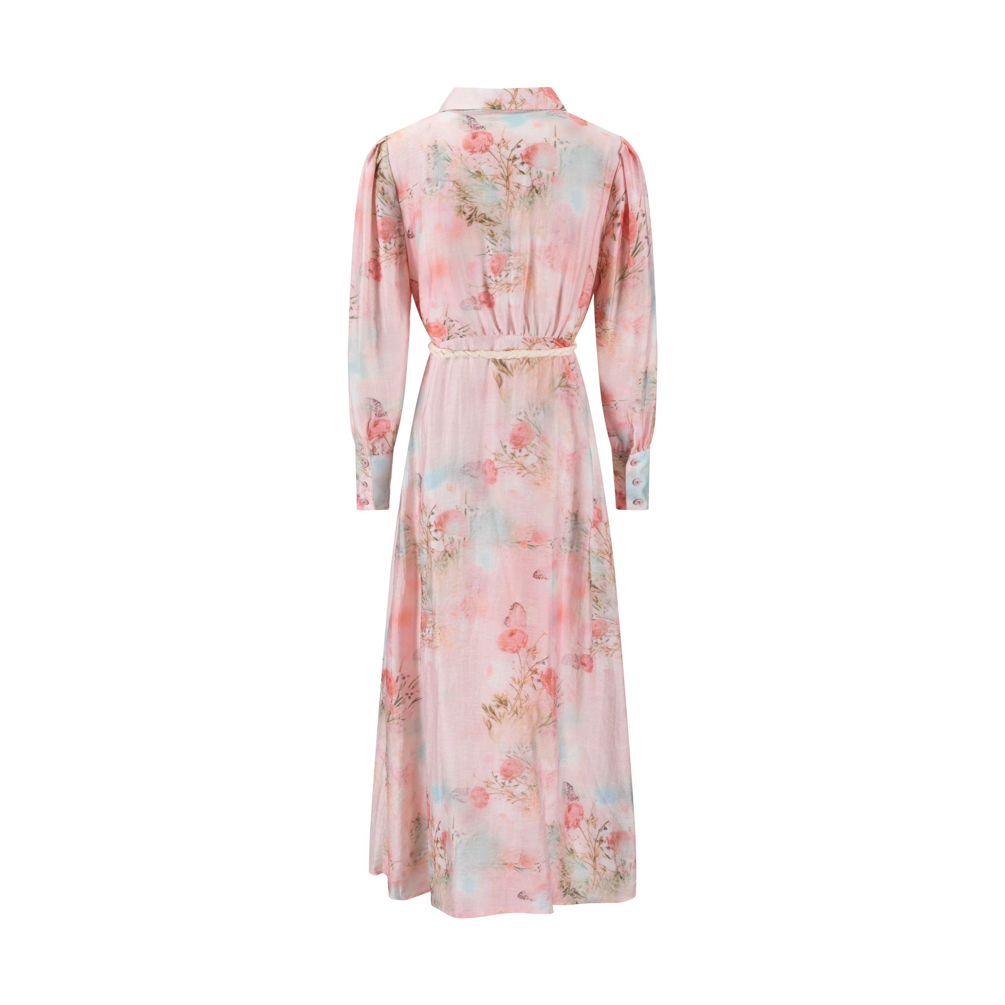 Butterfly Print Pink Dress With Braided Belt - Image 3