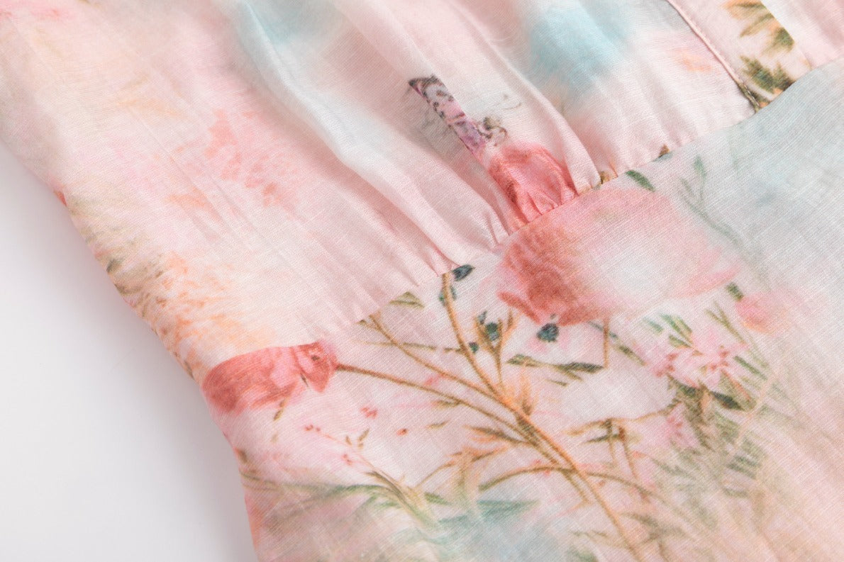 Butterfly Print Pink Dress With Braided Belt - Image 6