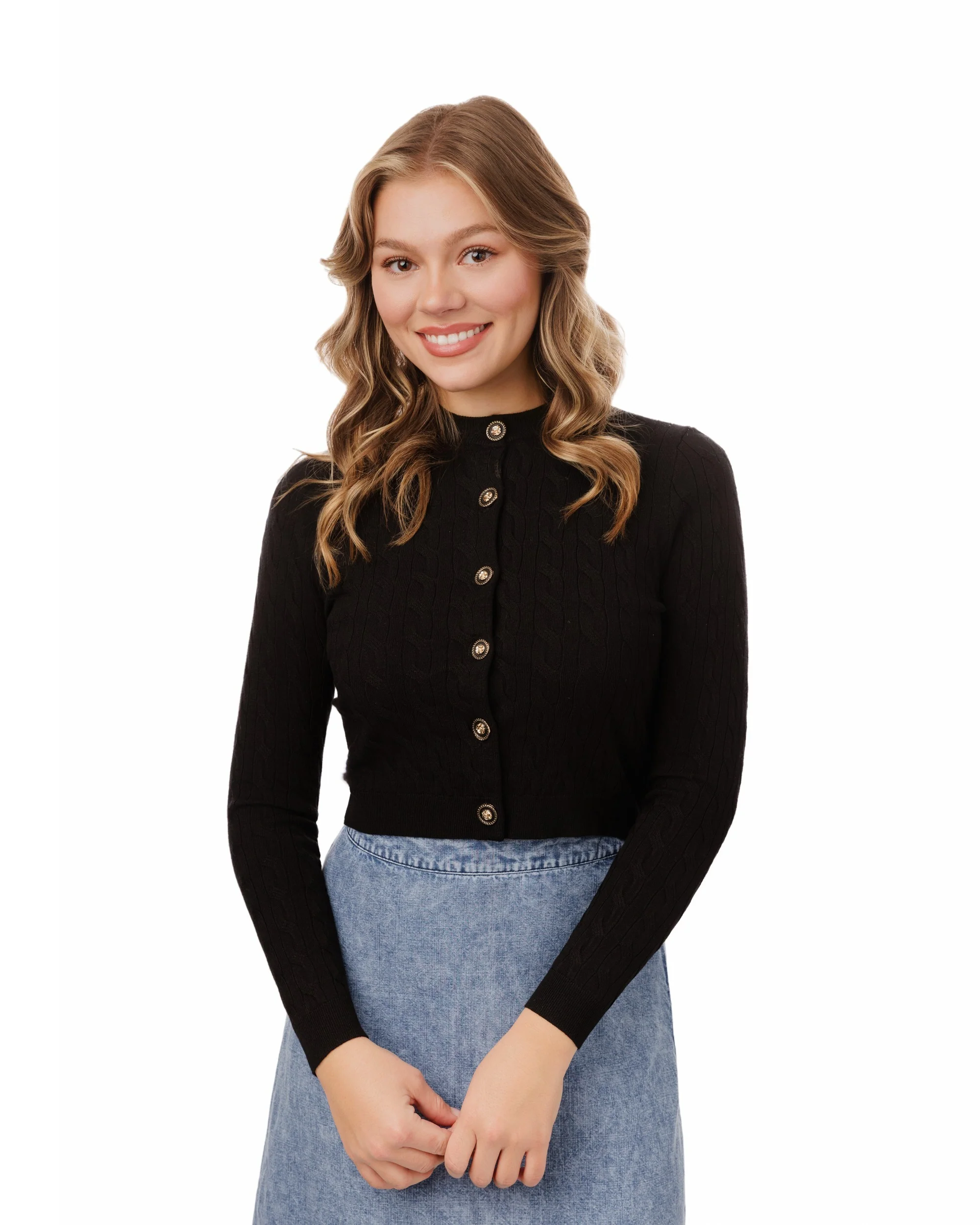 Cable Knit Cardigan With Detailed Buttons - Black