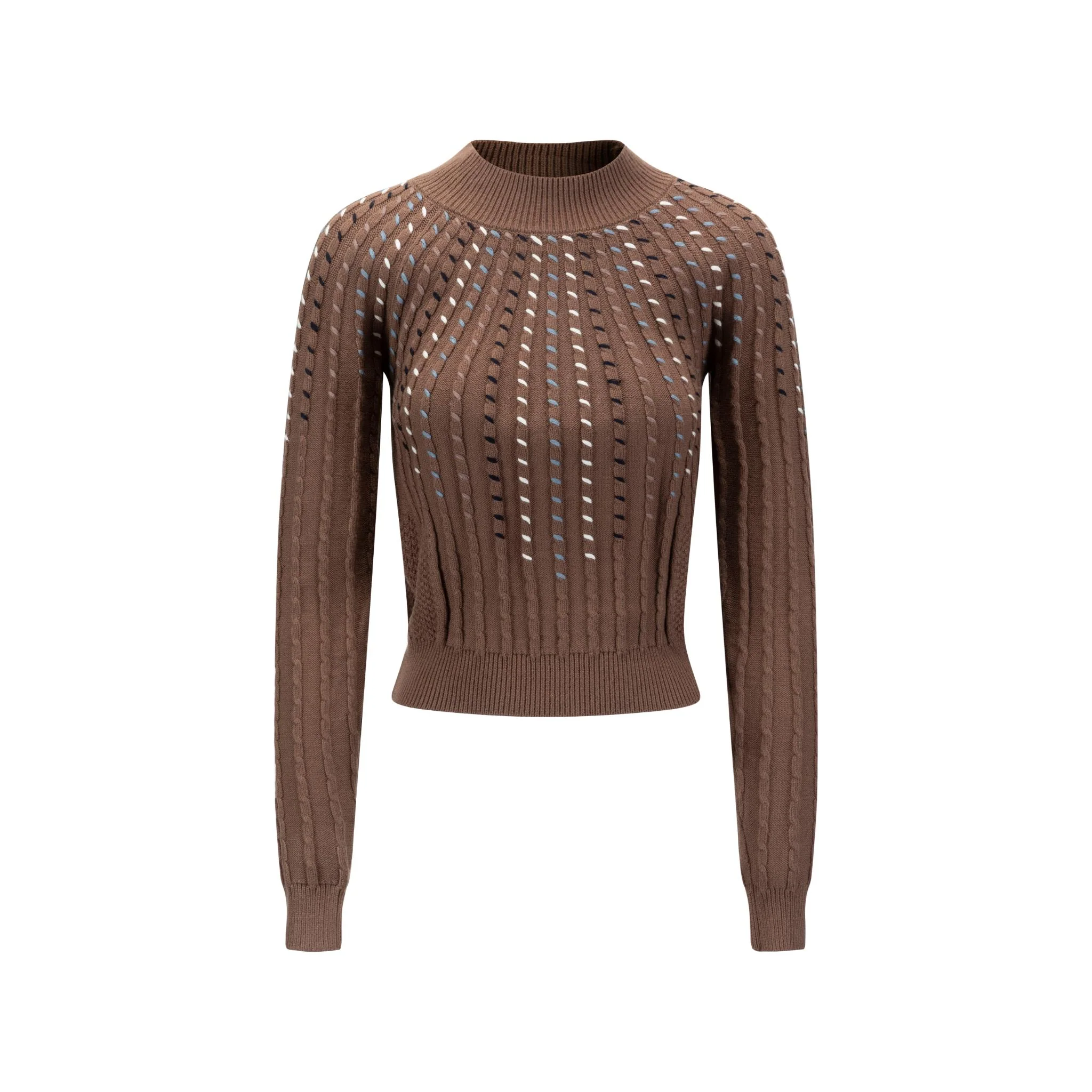 Cable Knit Top With Multi Colored Stitching - Tan - Image 2