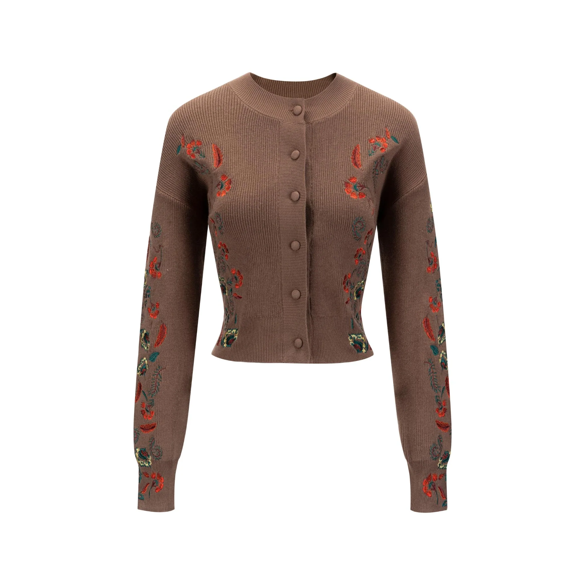 Cardigan With Red Flower Embroidery - Brown - Image 2