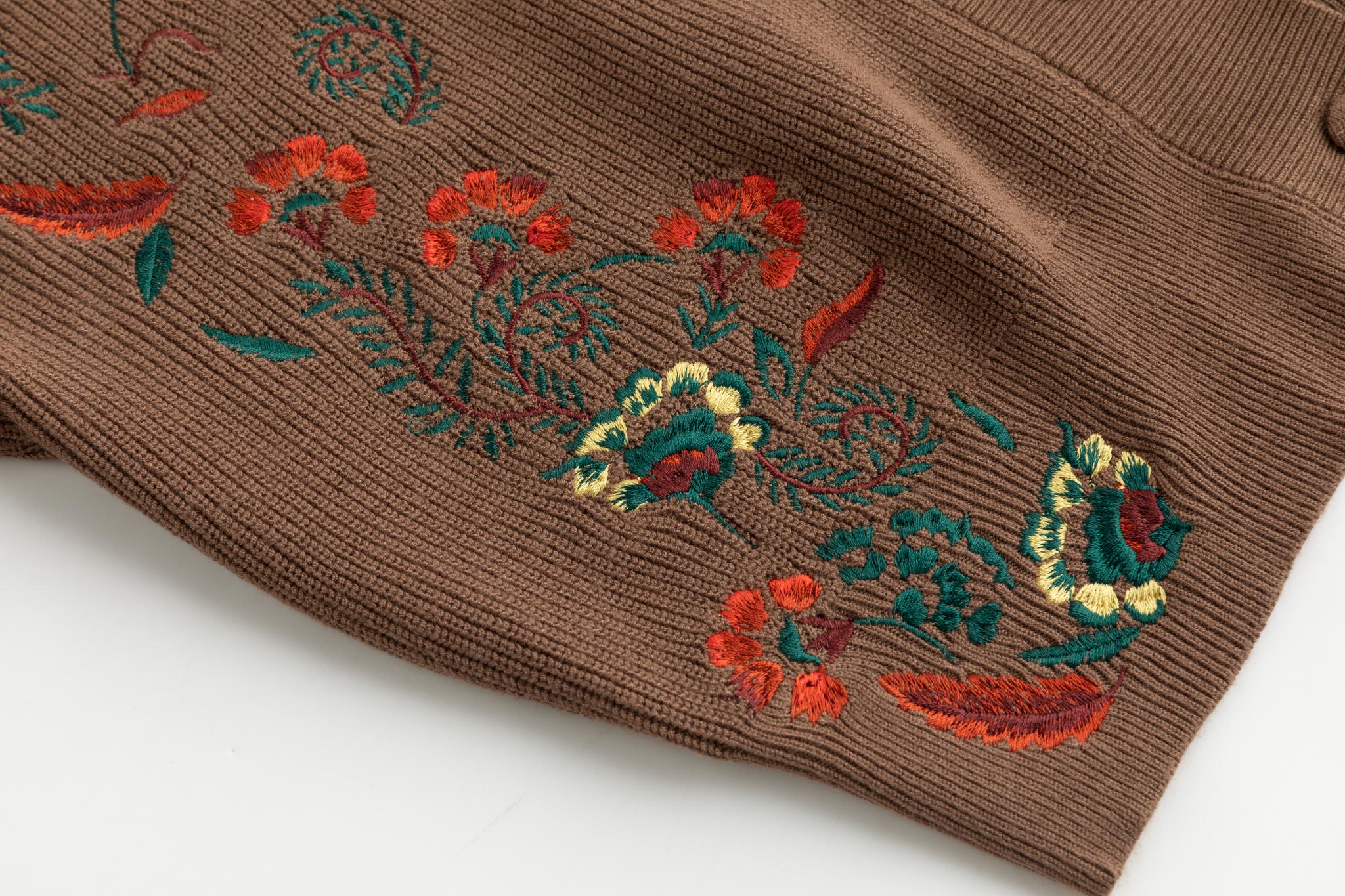 Cardigan With Red Flower Embroidery - Brown - Image 5