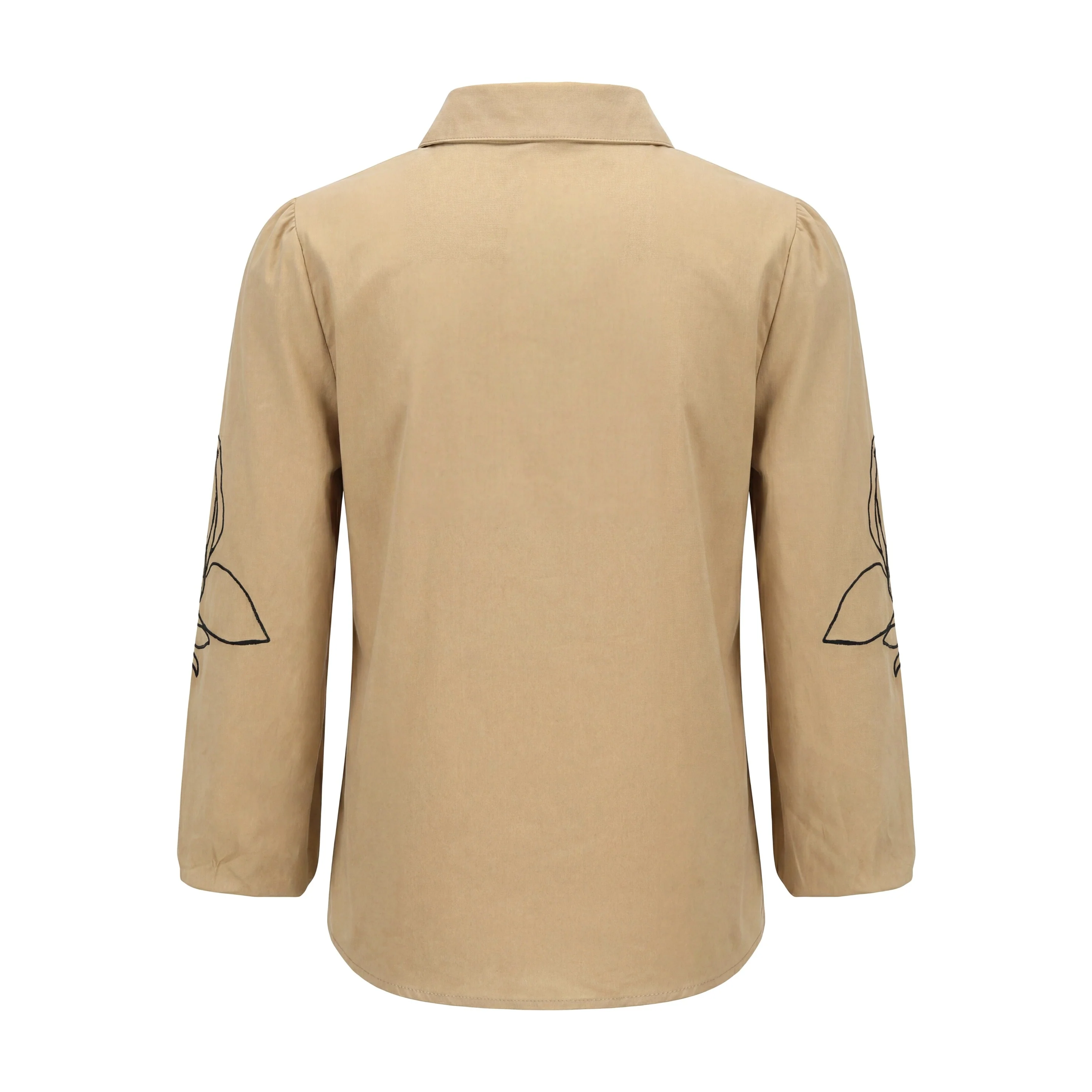Cotton Blouse With Embroidered Sleeves - Tan - Image 2