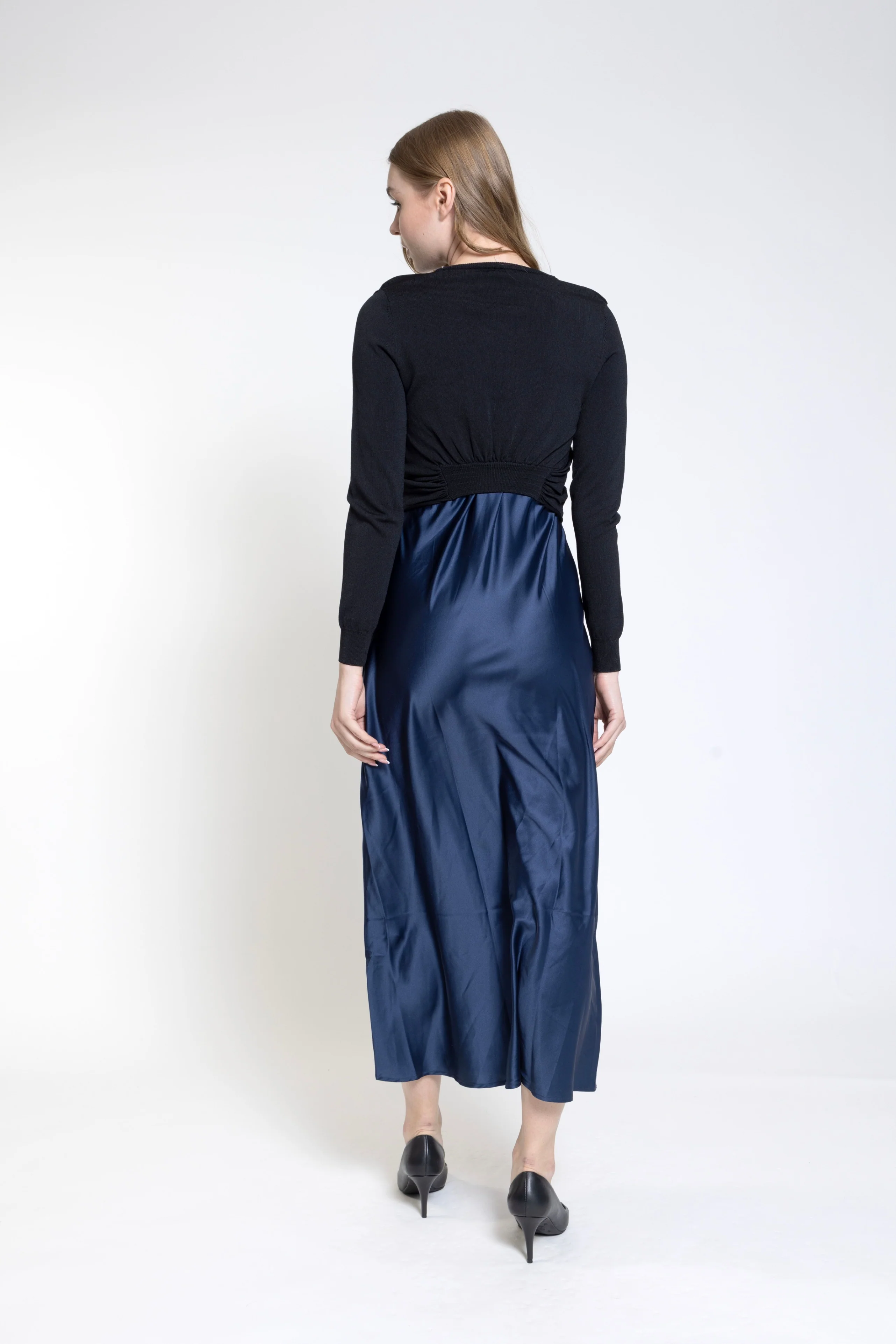 Dark Blue Plain Satin Braces Dress - Image 2