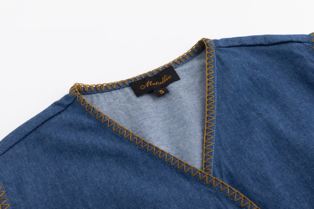 Denim Jumper With Tan Topstitching - Image 6