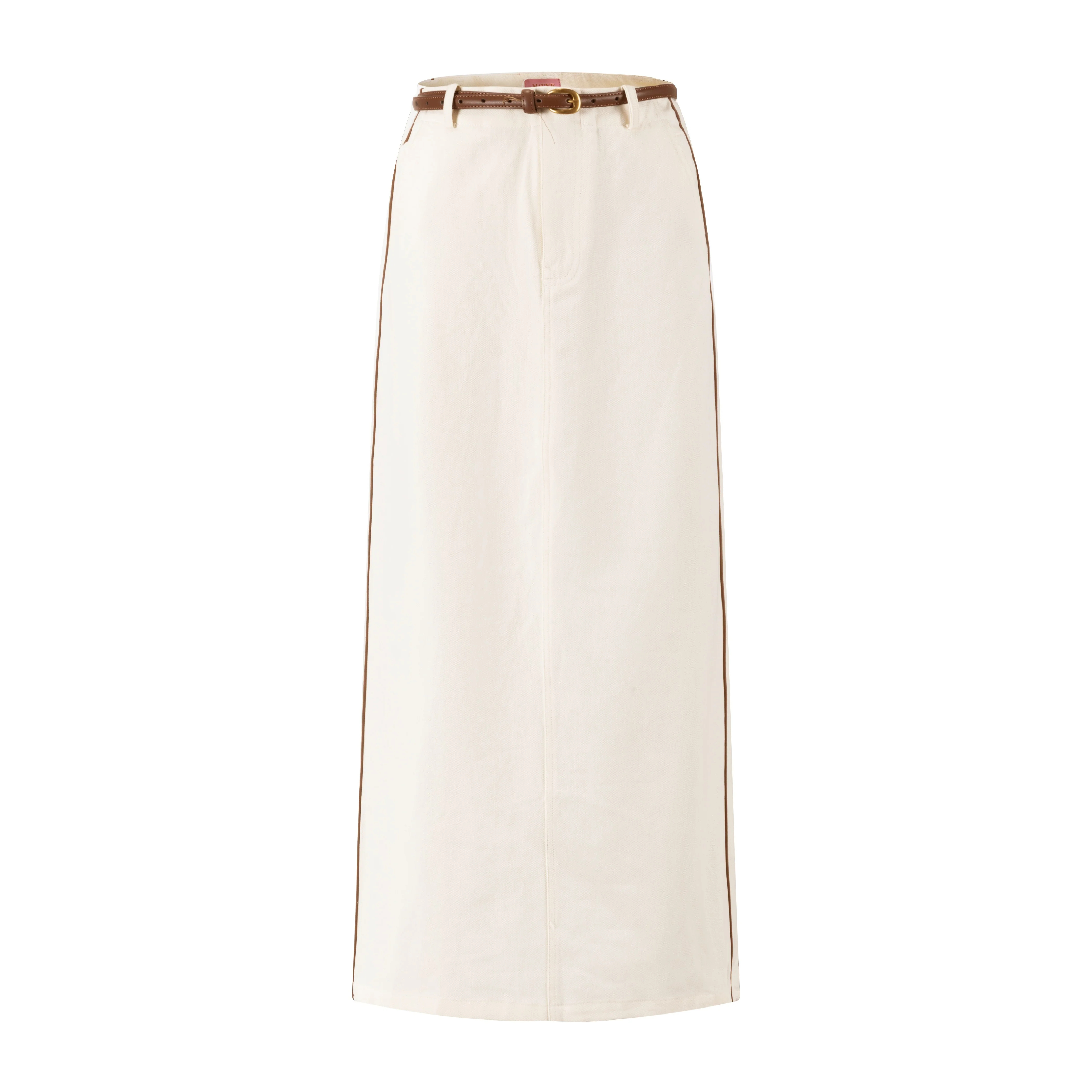 Denim Skirt With Brown Stitching And Belt - Ivory - Image 2
