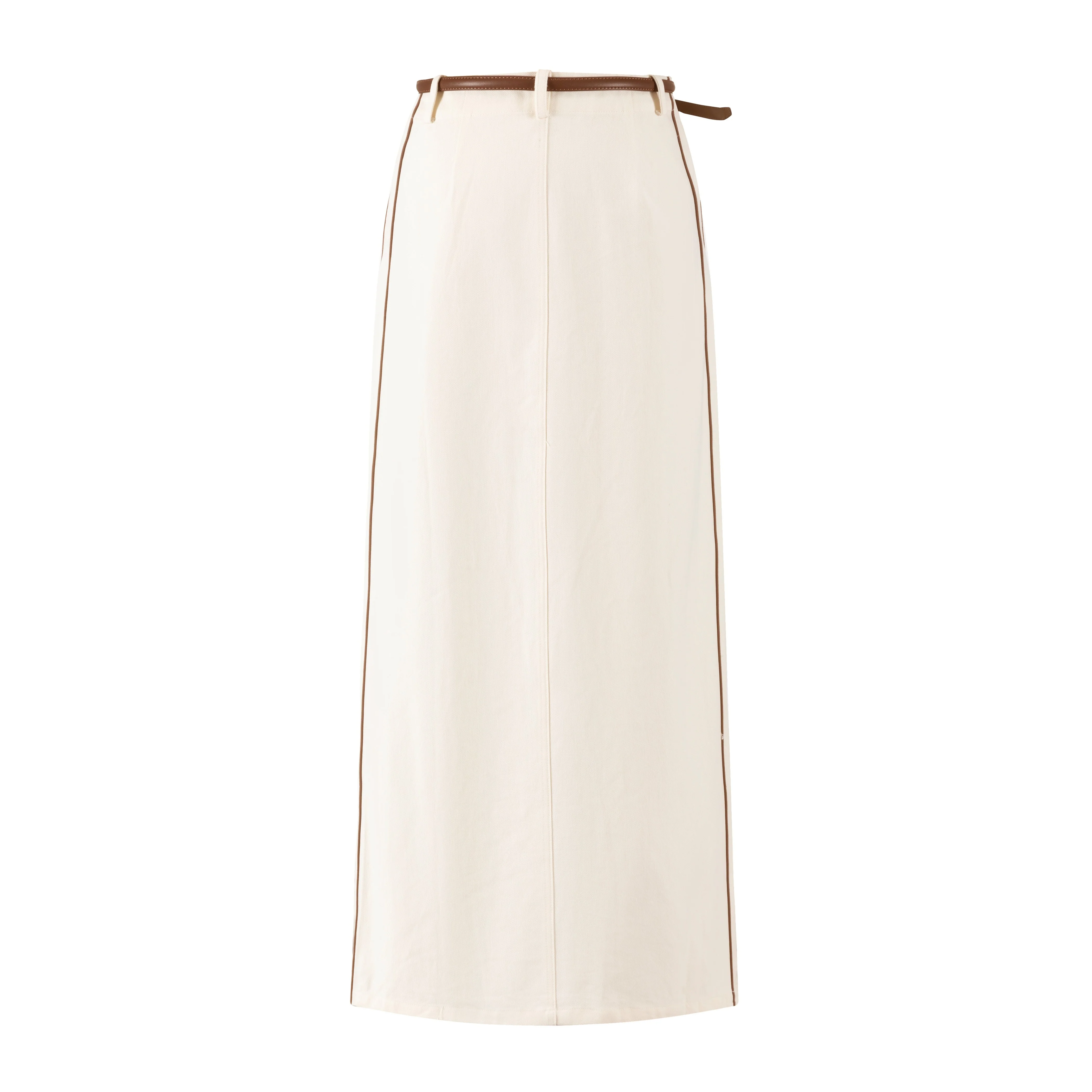 Denim Skirt With Brown Stitching And Belt - Ivory - Image 3