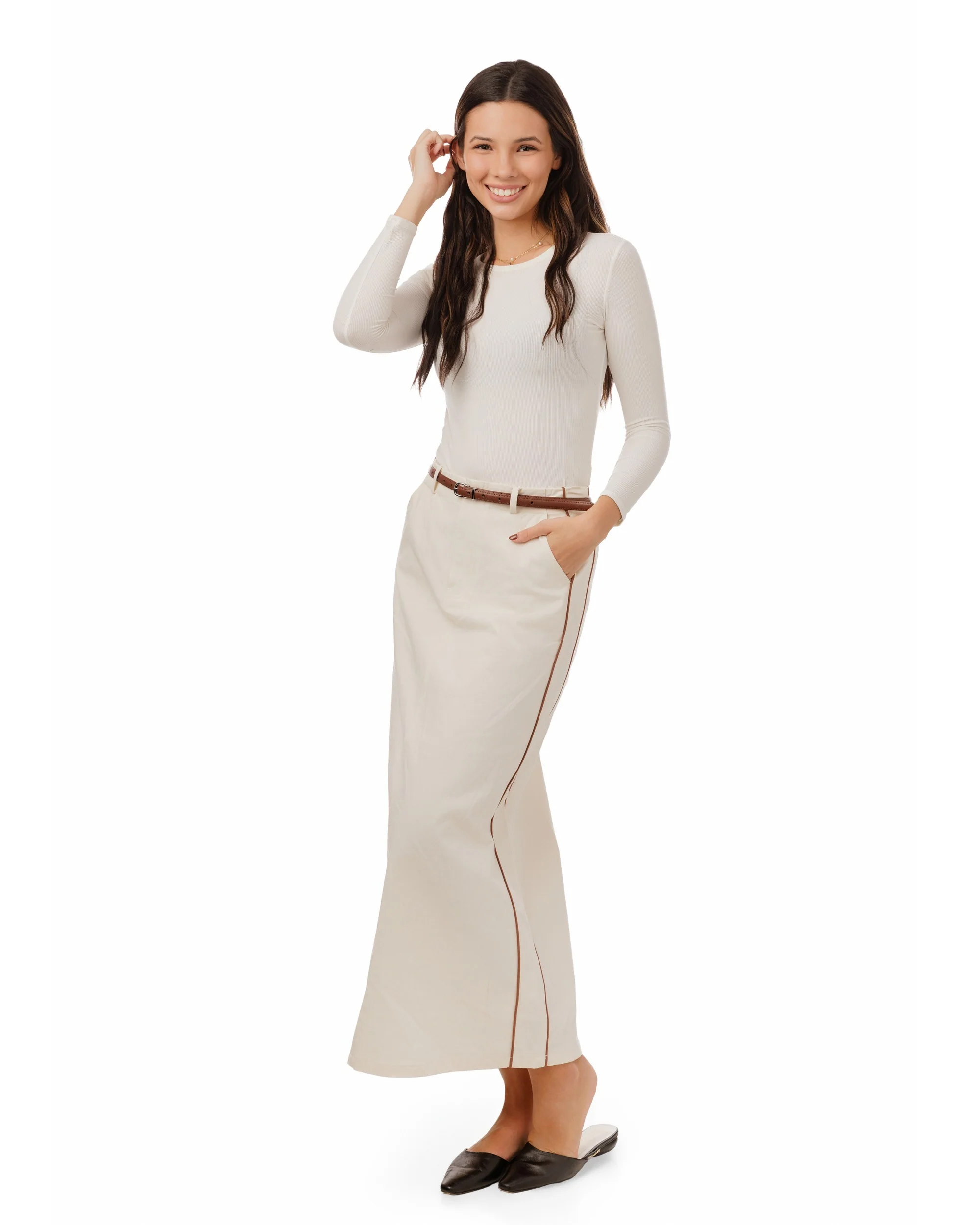 Denim Skirt With Brown Stitching And Belt - Ivory - Image 4