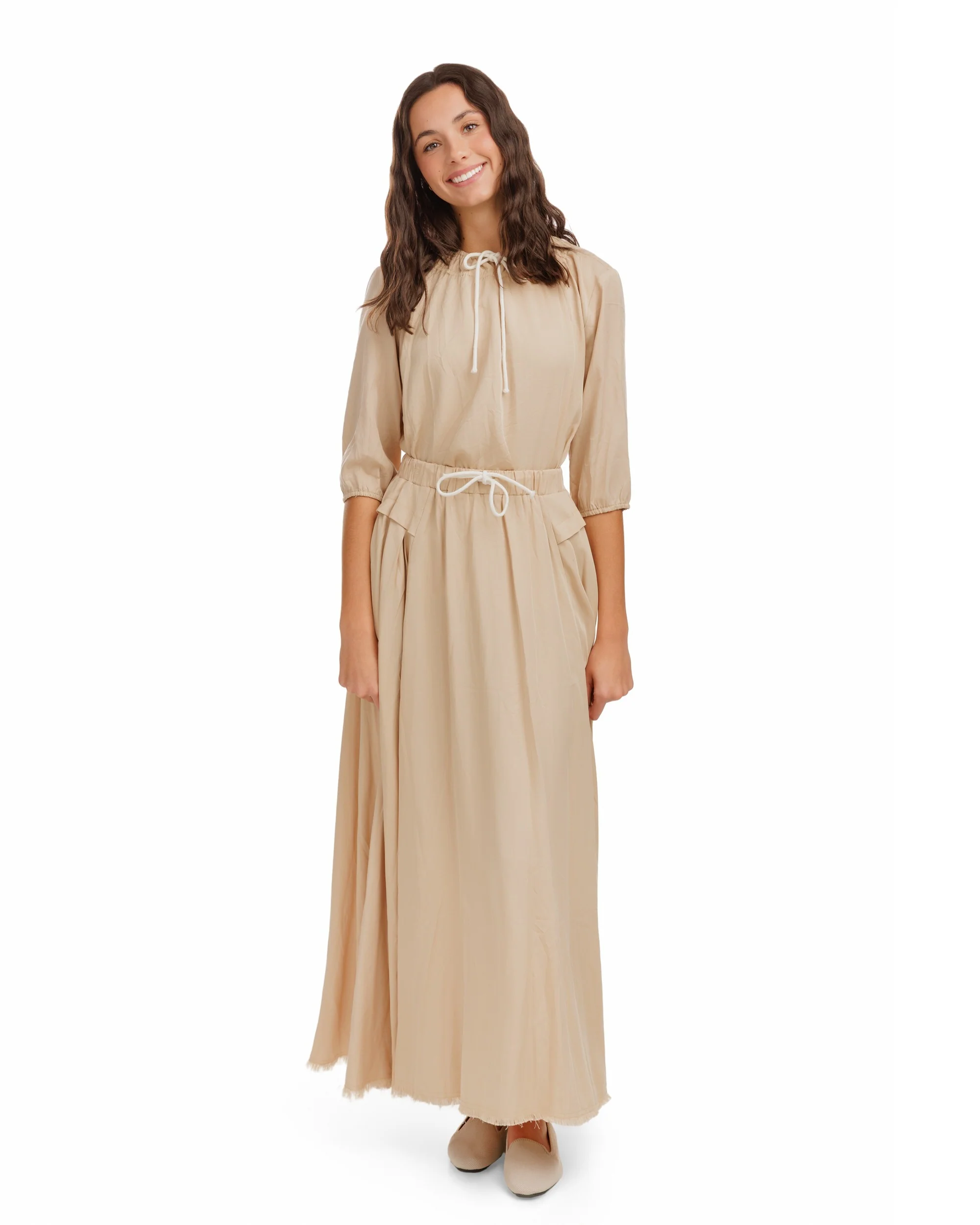 Drawstring Neckline Top- Parchment