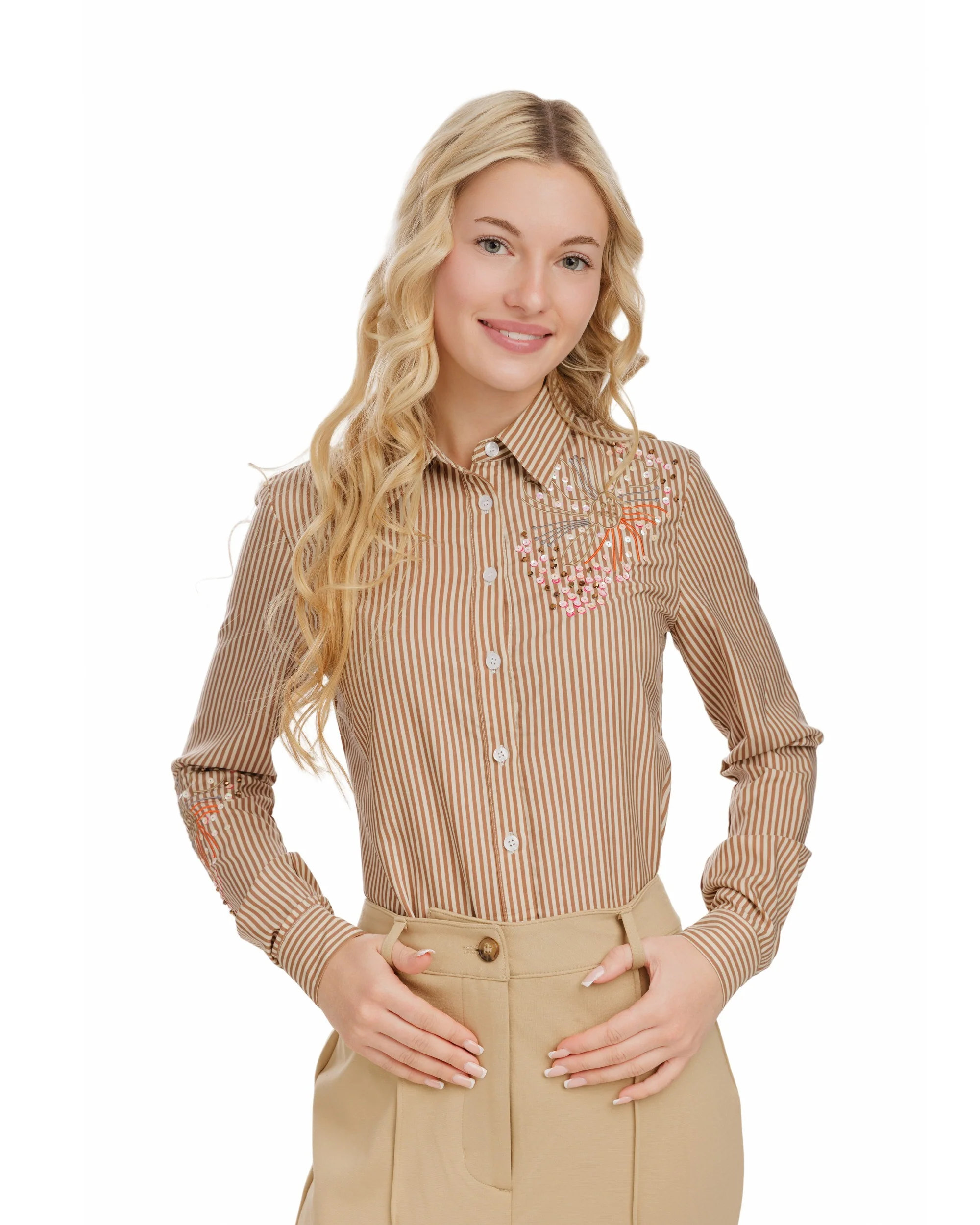 Embellished Pinstripe Blouse - Fawn