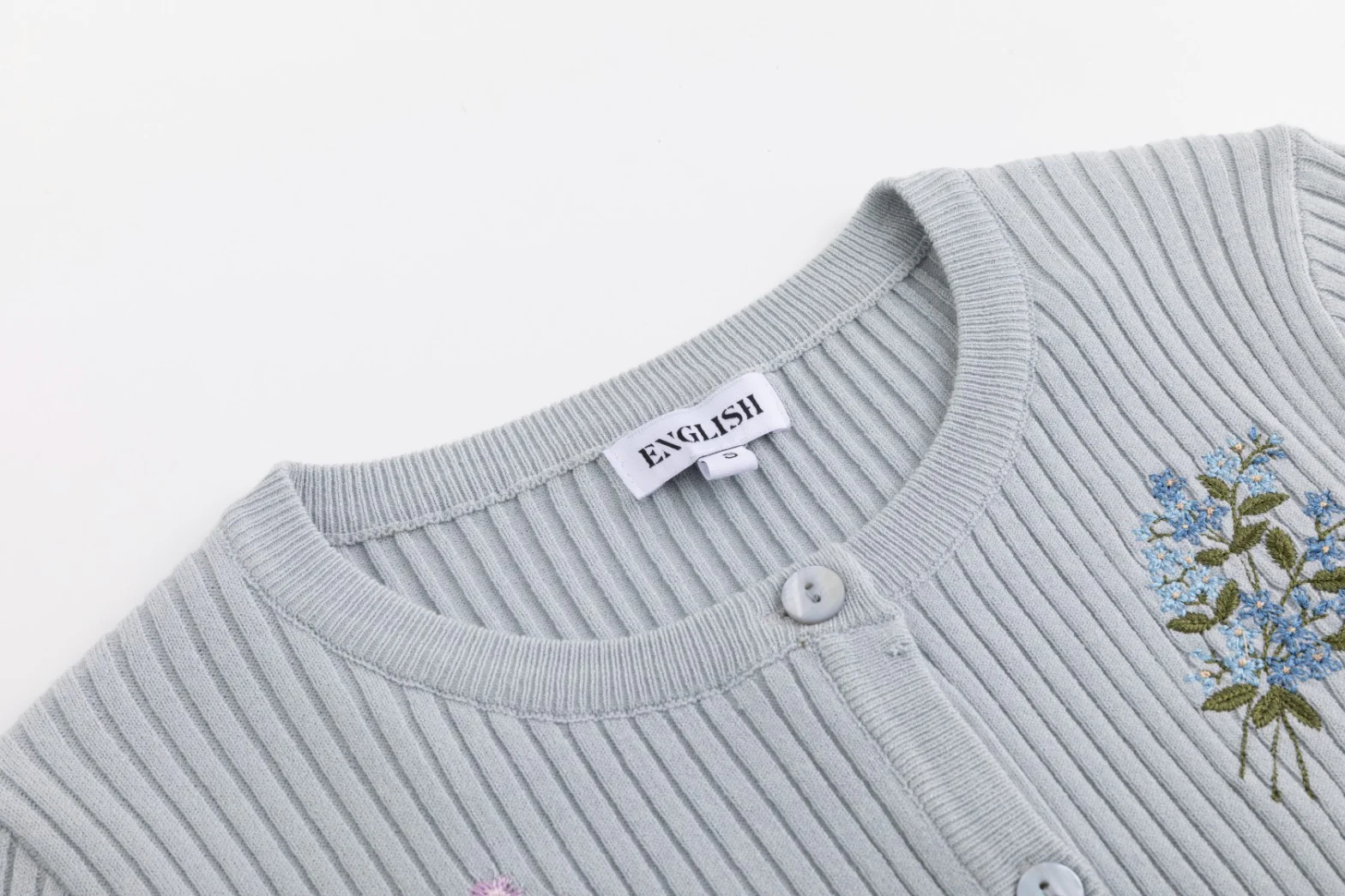 Embroidered Ribbed Knit Cardigan - Light Blue - Image 4