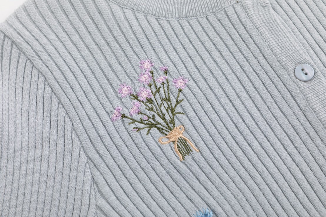 Embroidered Ribbed Knit Cardigan - Light Blue - Image 5