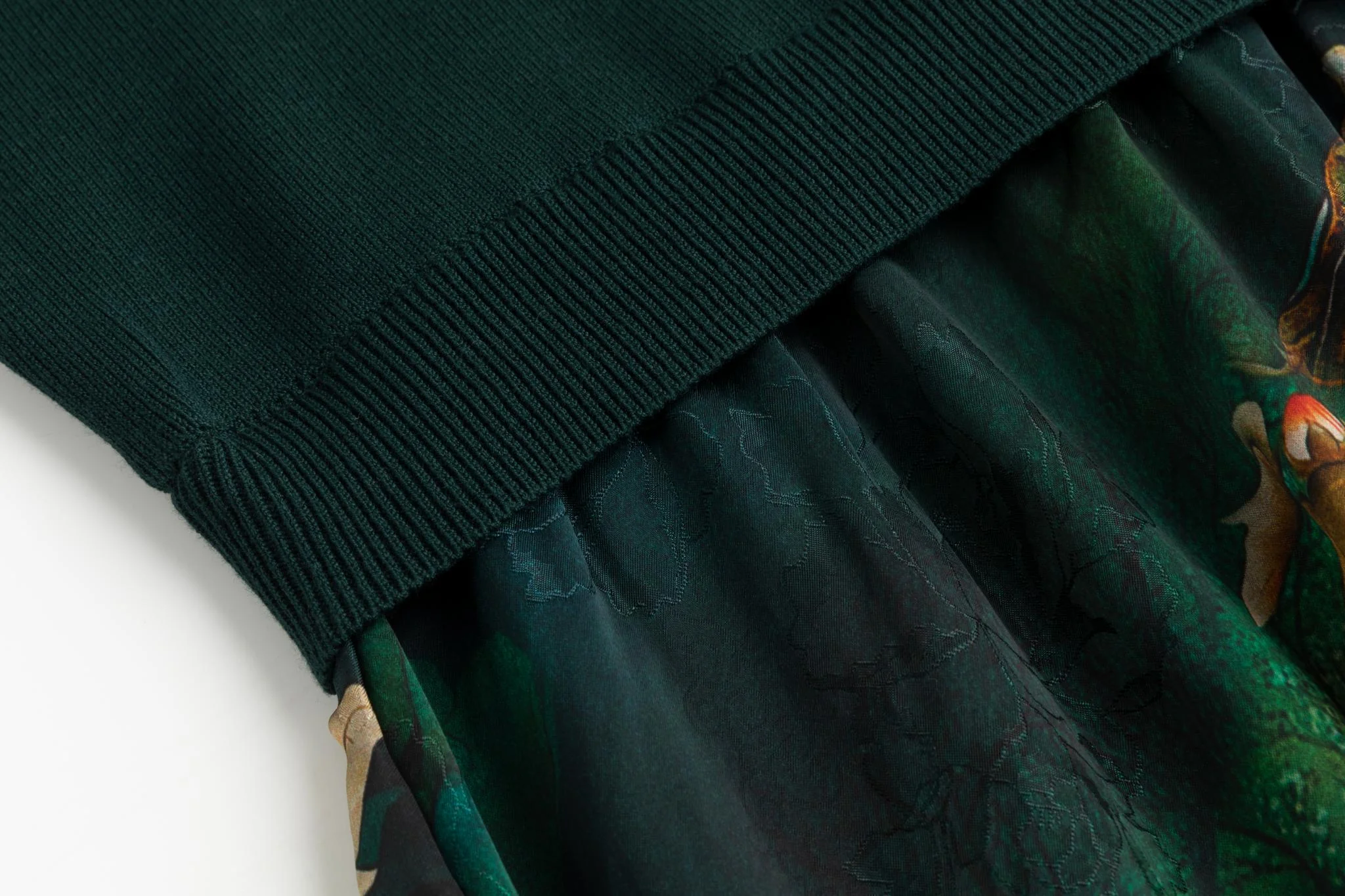 Emerald Green Knit Overlay And Printed Satin Dress - Image 5