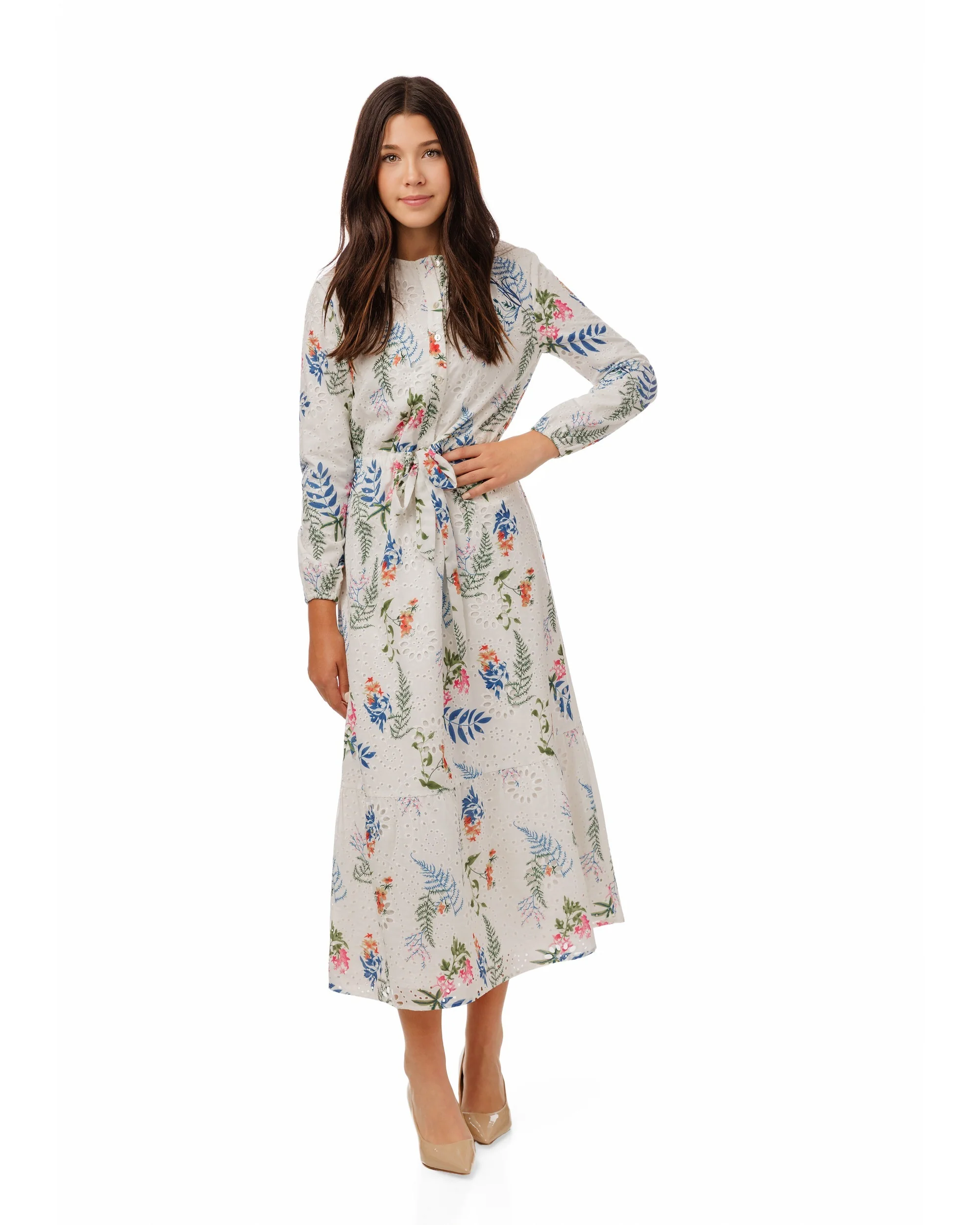 Eyelet White Dress With Blue Floral Print