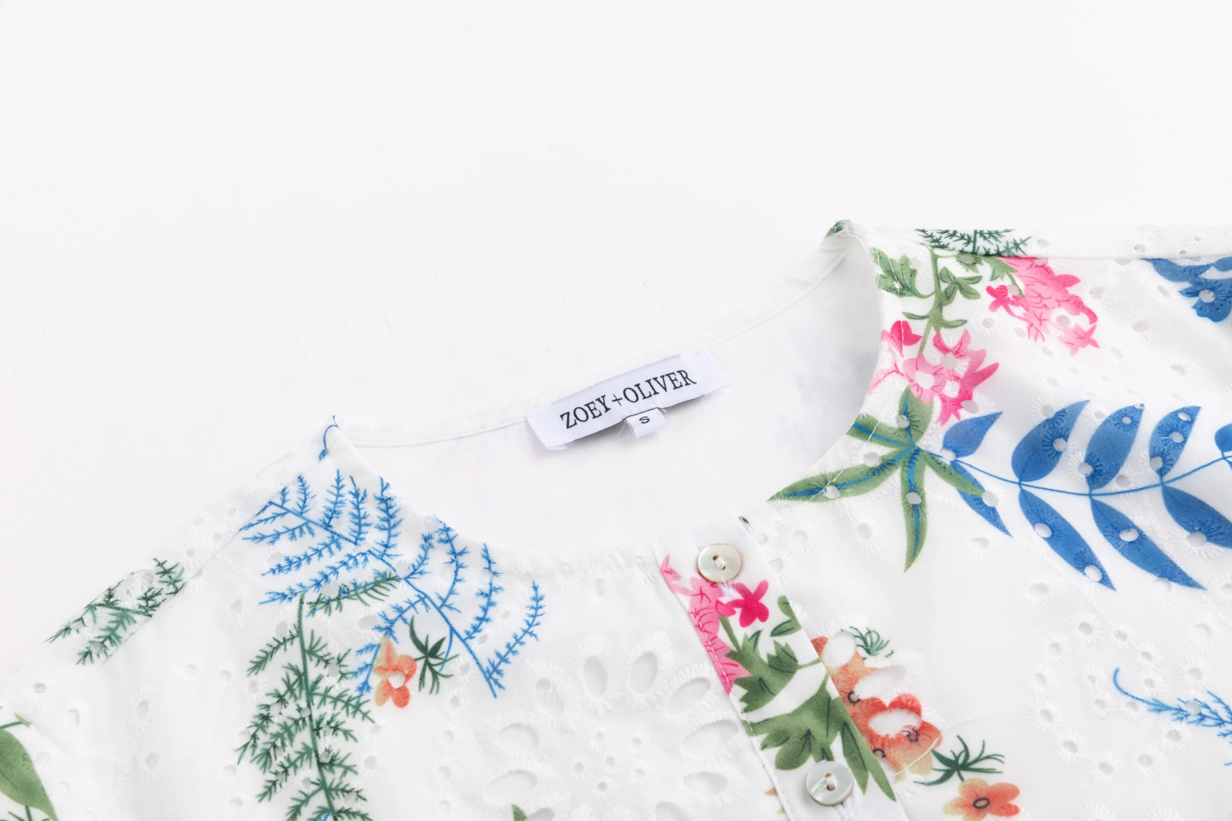 Eyelet White Dress With Blue Floral Print - Image 4