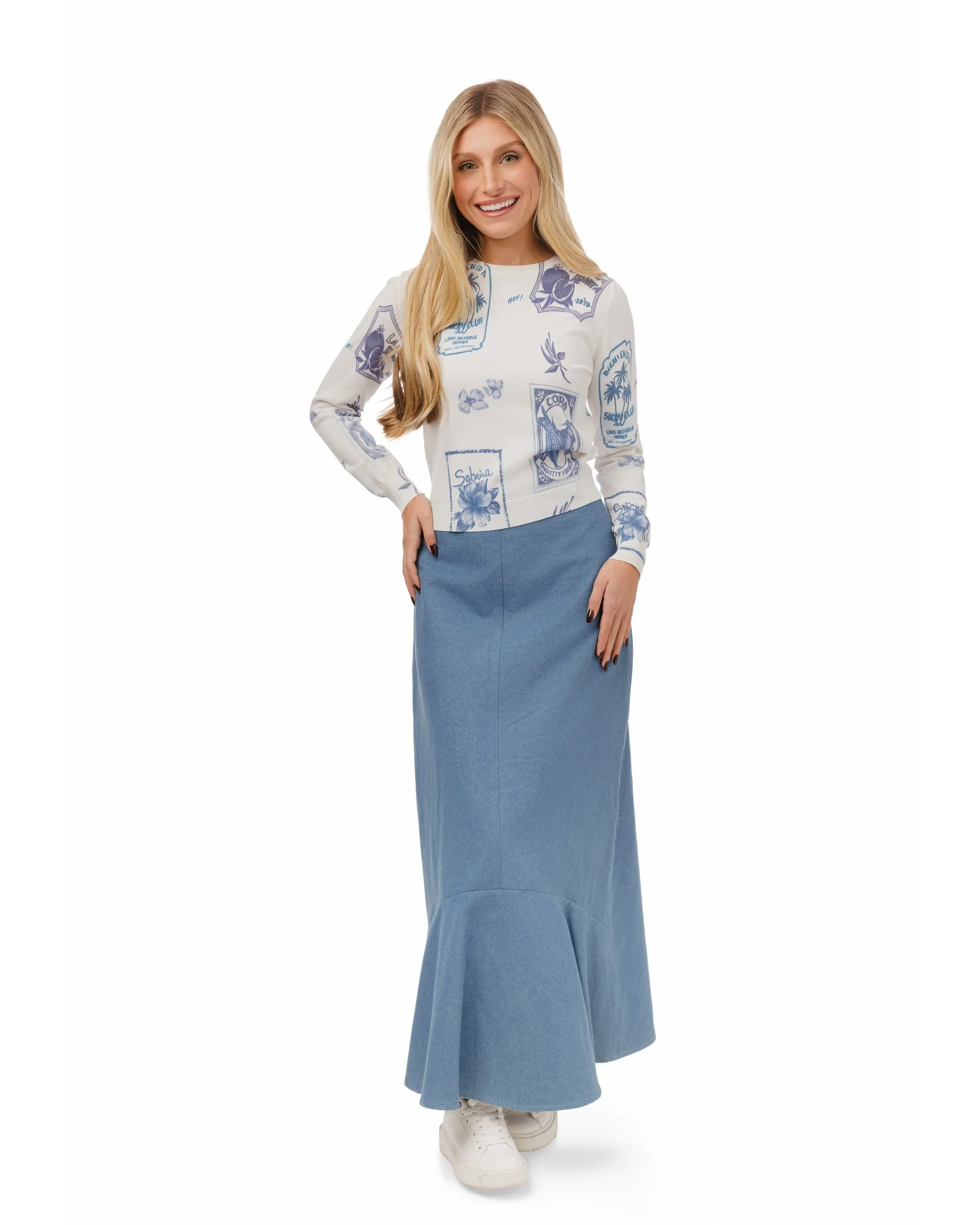 Flower Patch Print White Knit Top - Blue - Image 2