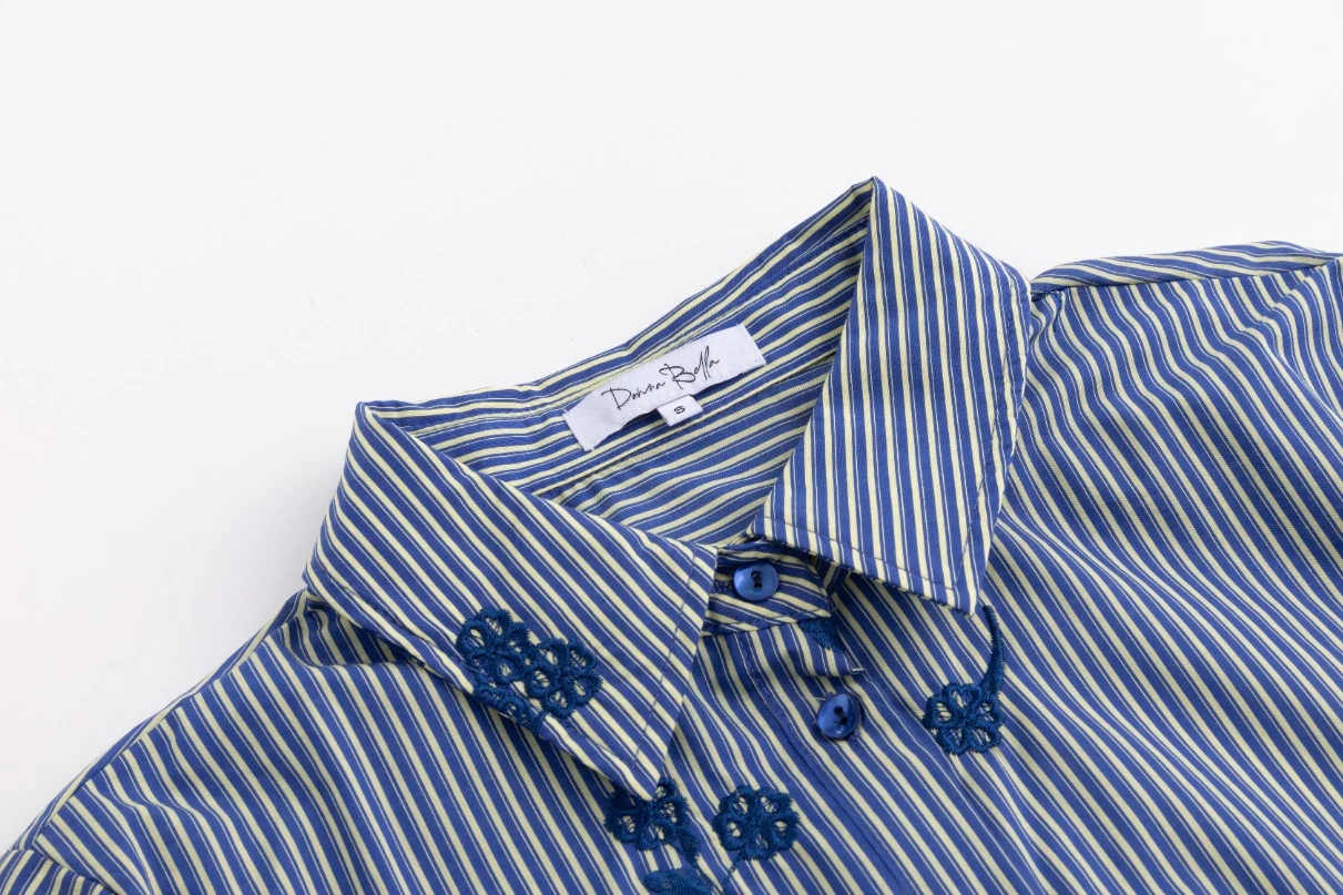 Frayed Hem Navy Embroidery Striped Shirt - Image 5