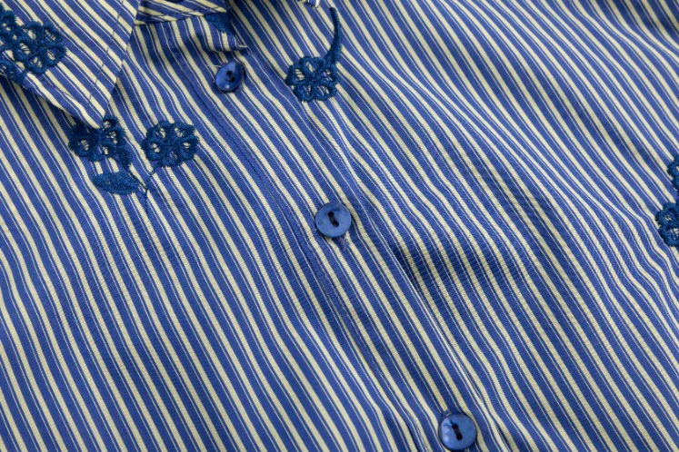 Frayed Hem Navy Embroidery Striped Shirt - Image 6
