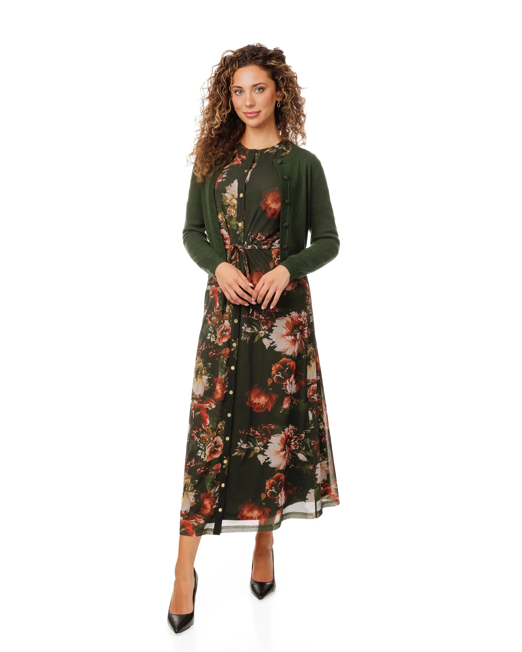 Green Floral Dress With Green Knit Cardigan