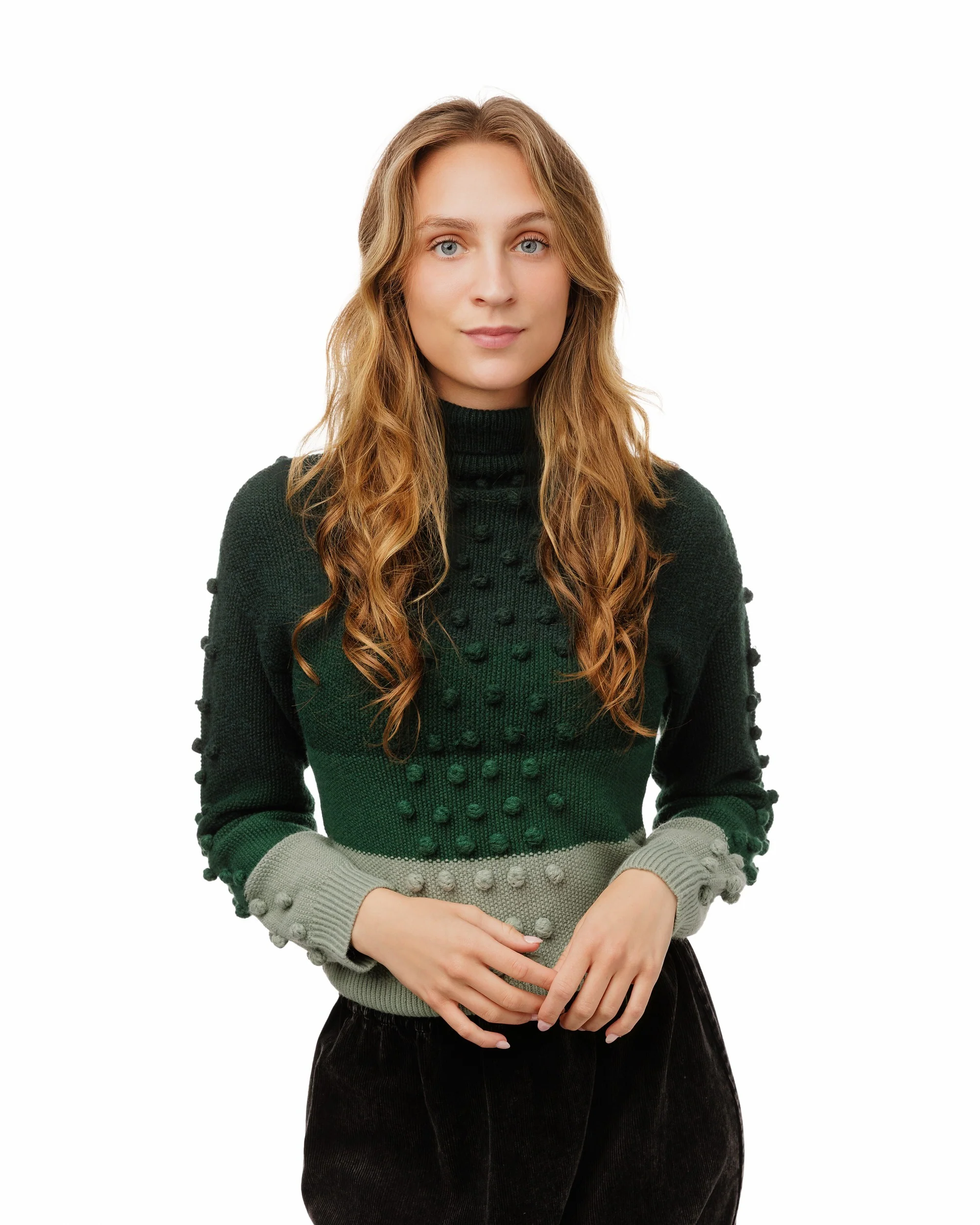 Green Knit Top With Pom Pom Detail