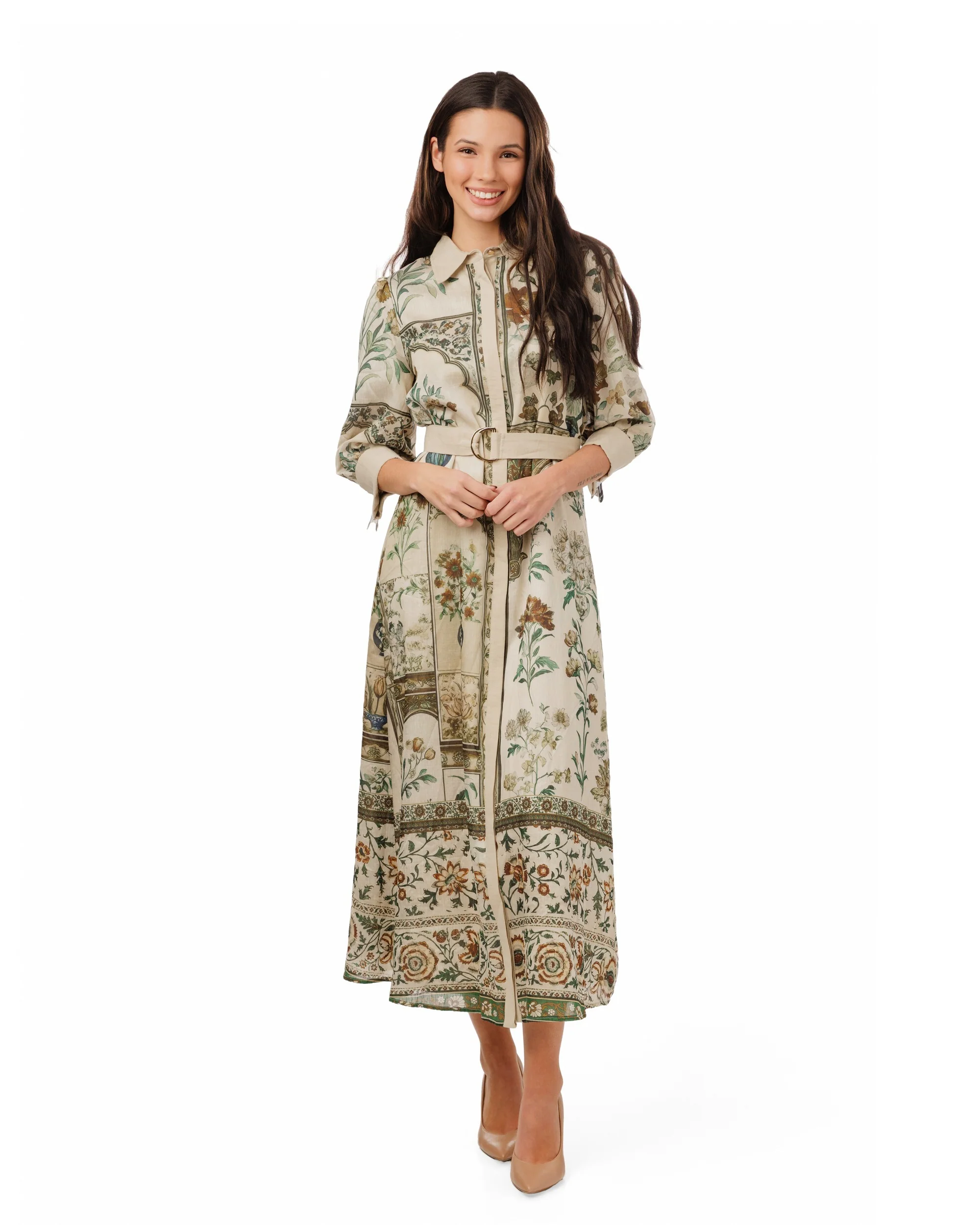 Green Printed Floral Dress With Belt