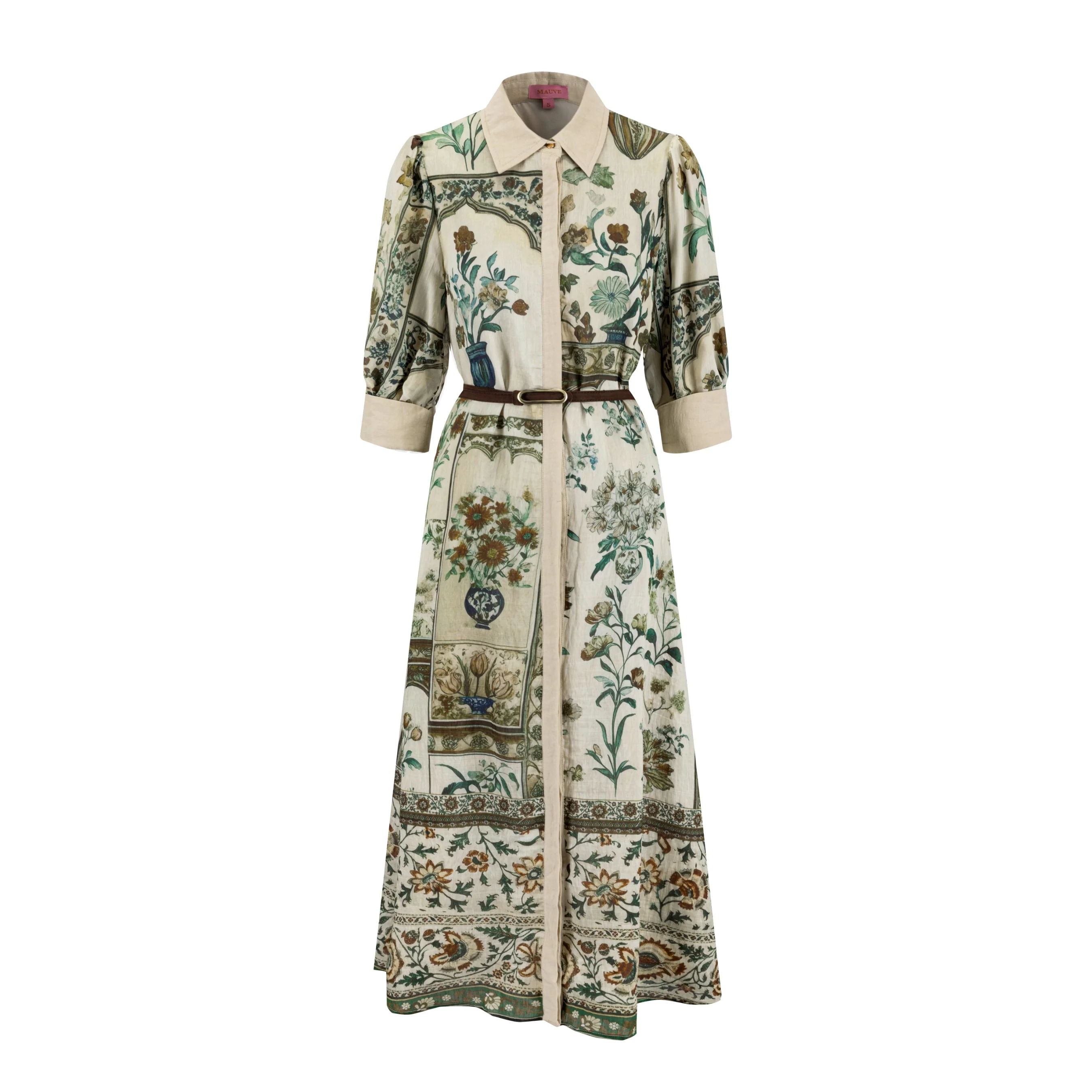 Green Printed Floral Dress With Belt - Image 2