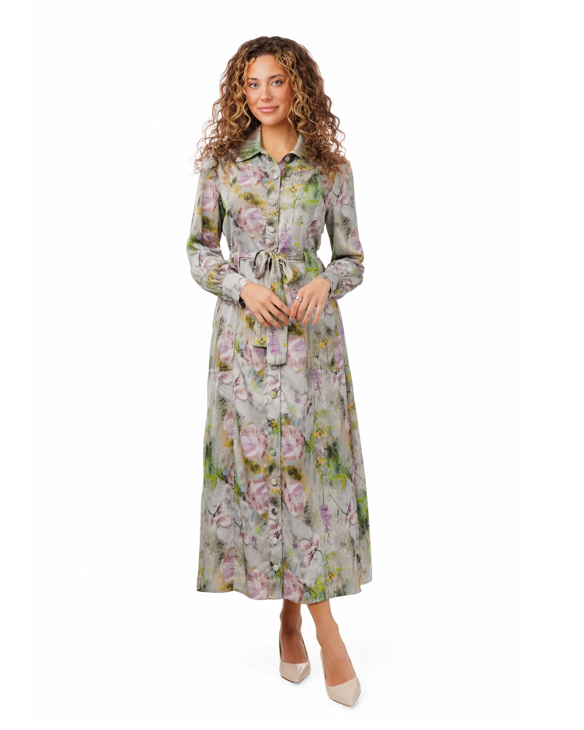 Grey Floral Satin Dress With Belt