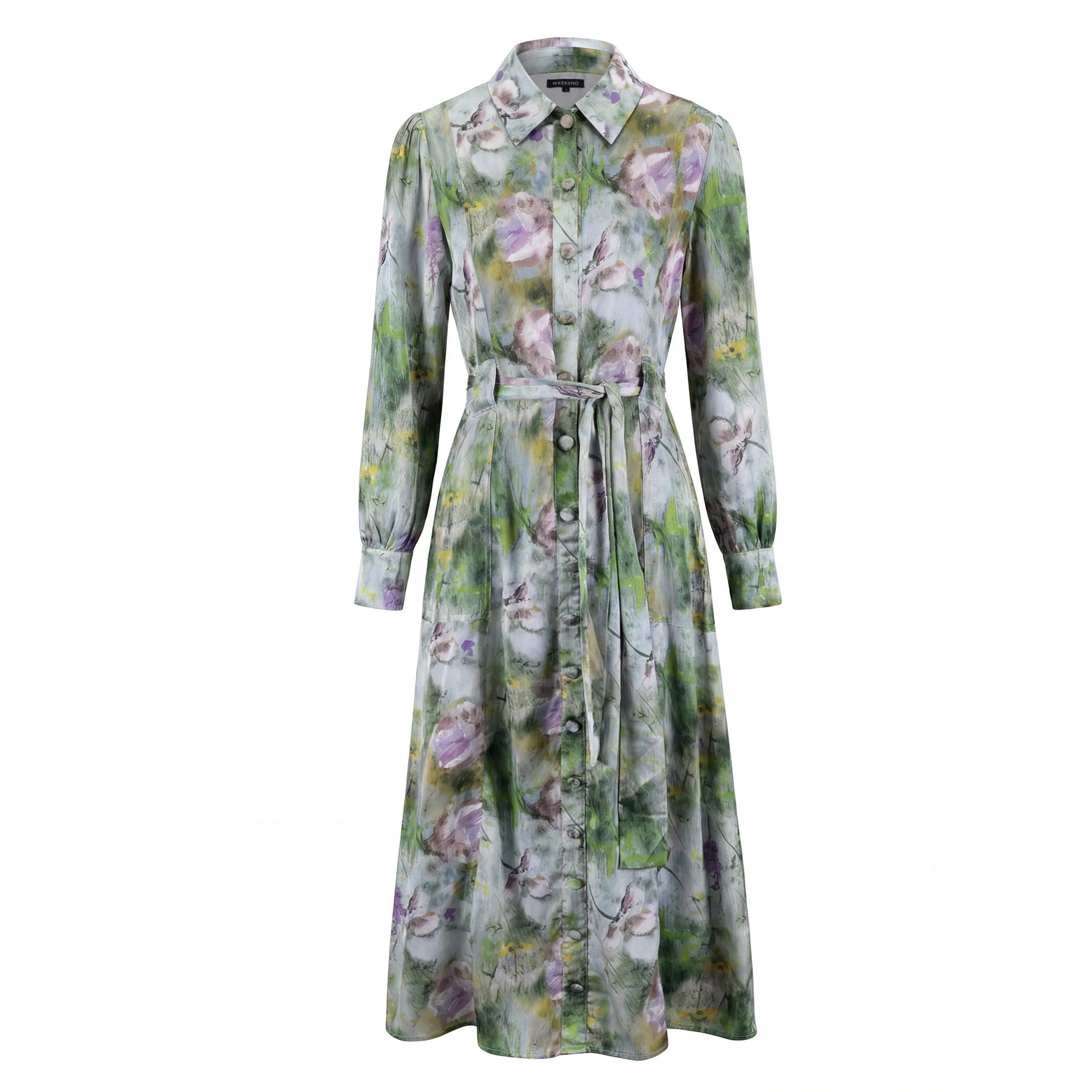 Grey Floral Satin Dress With Belt - Image 2