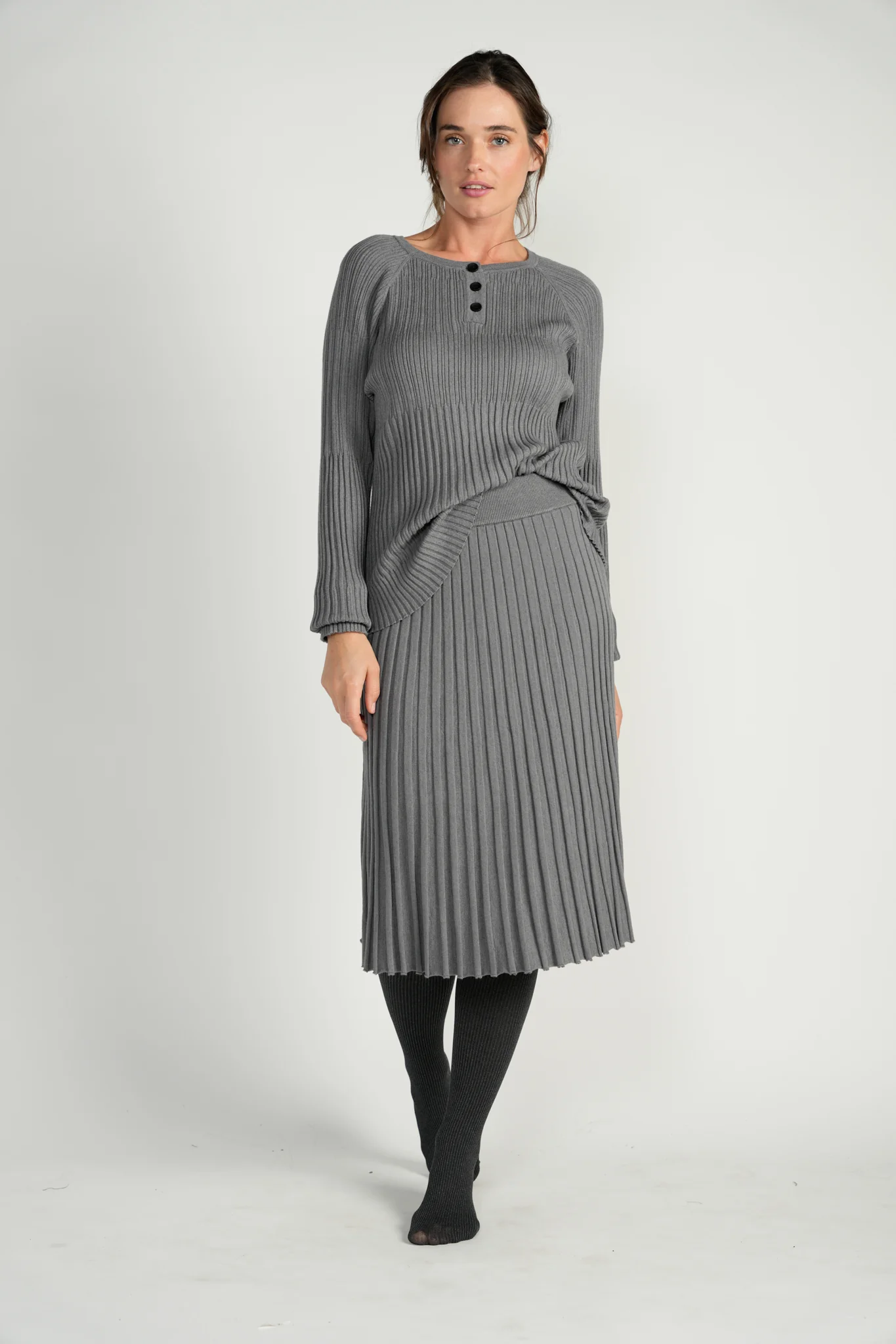 Grey Knit Ribbed Top With Marled Buttons - Image 2
