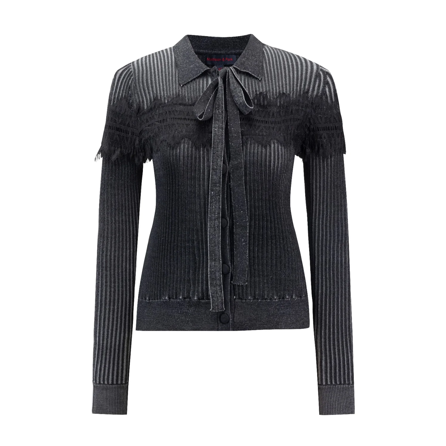 Grey Striped And Lace Blouse Knit Top - Image 2