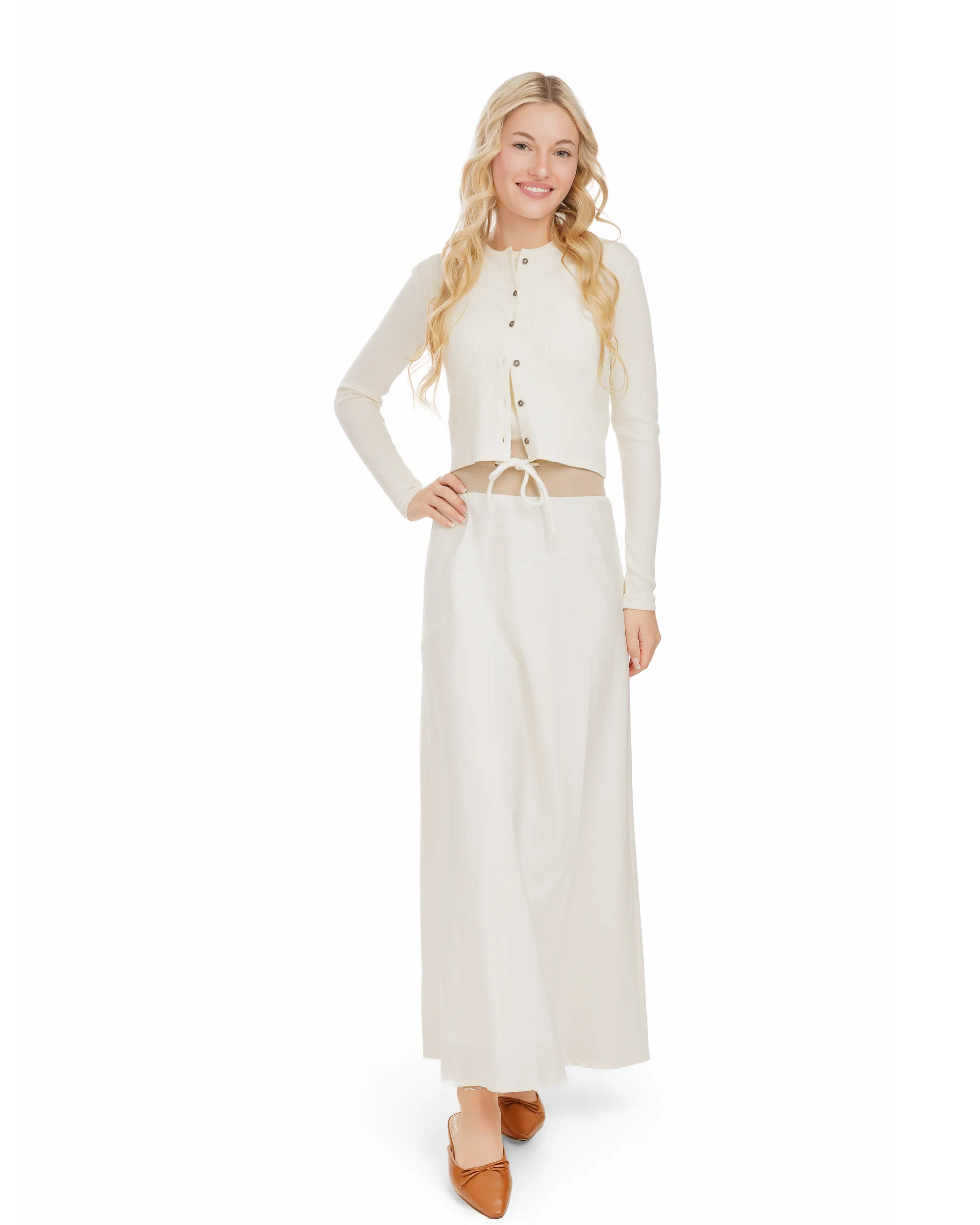 High Waistband Drawstring Skirt - Cream