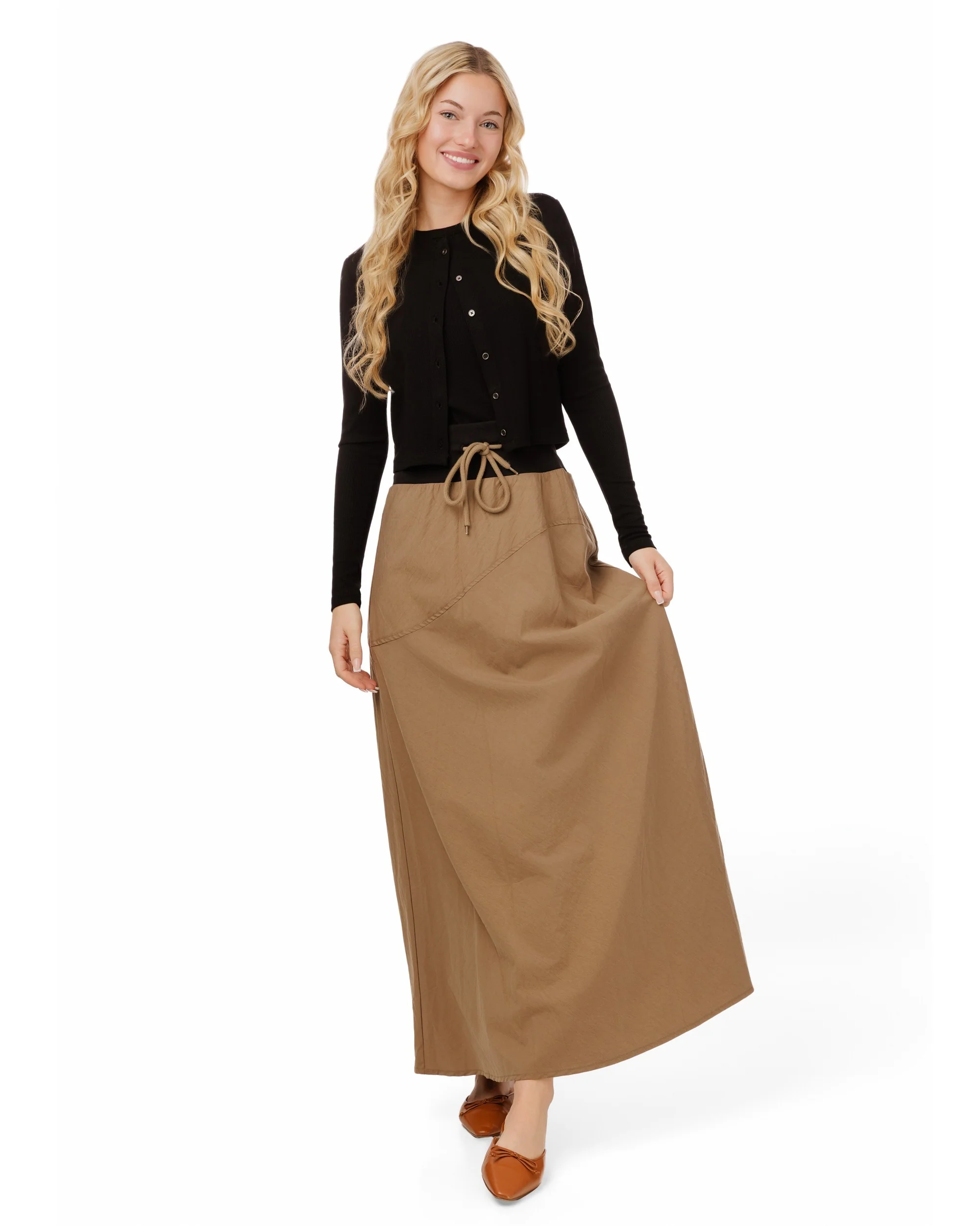 High Waistband Drawstring Skirt - Fawn