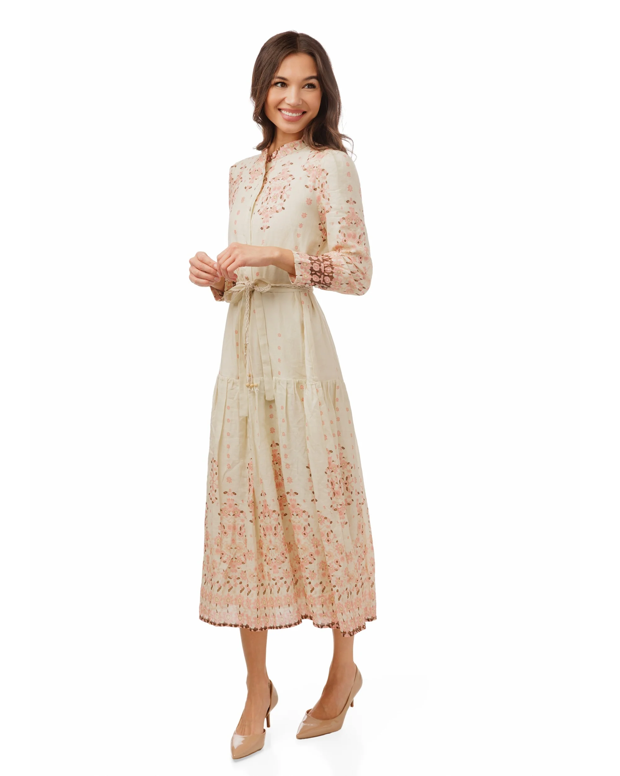 Ivory And Pink Printed Belted Dress