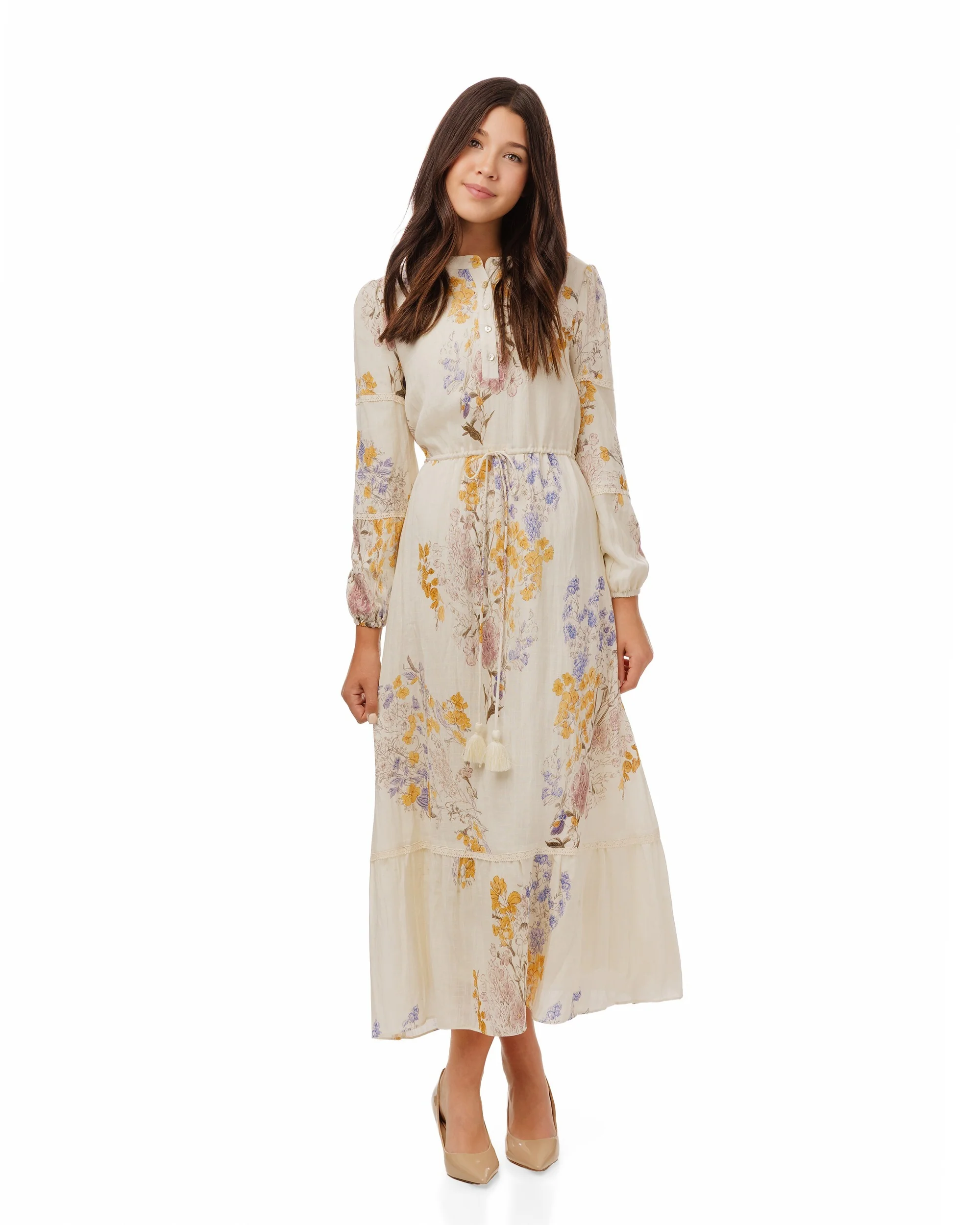 Ivory Base Floral Dress With Lace Trim Sleeves