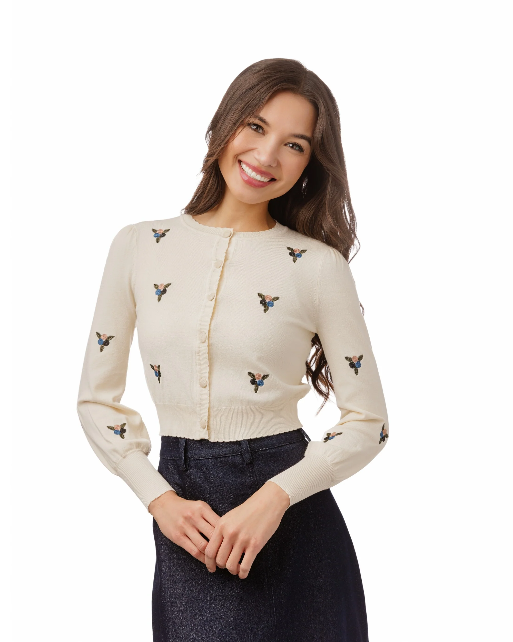 Knit Cardigan With Triangle Embroidery - Cream