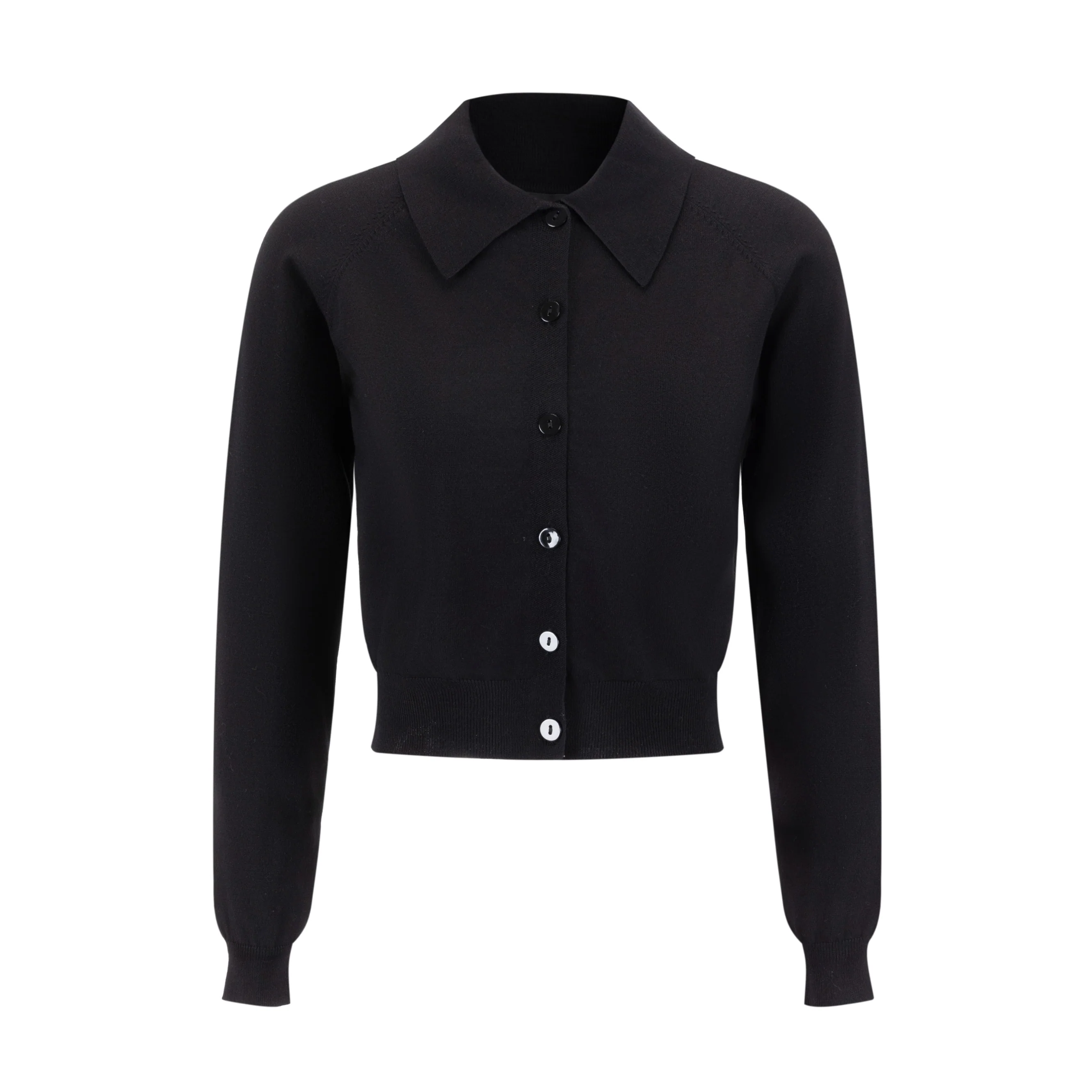 Knit Cardigan With Collar And Flower Buttons - Black
