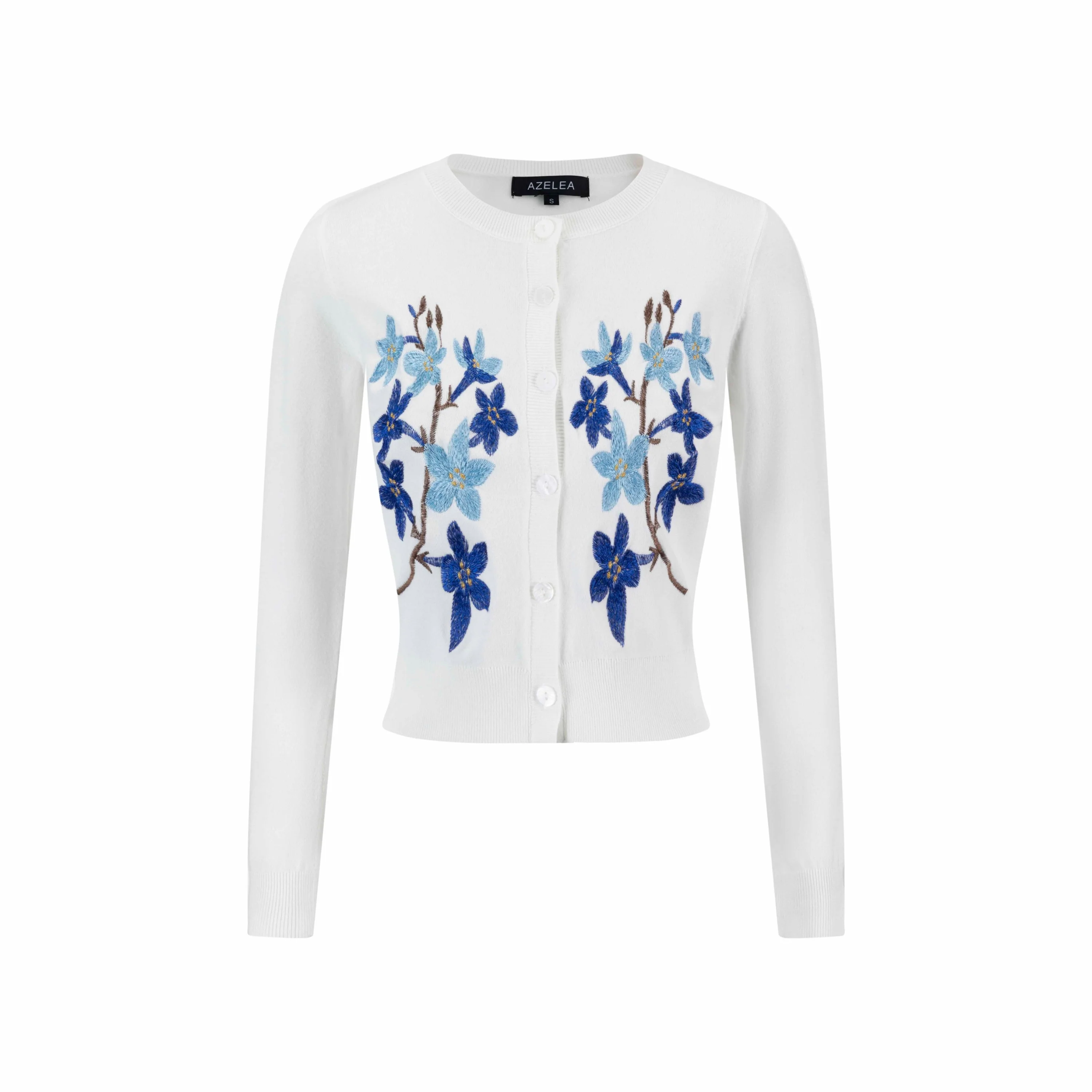 Knit Cardigan With Dark Bule Embroidery - Ivory