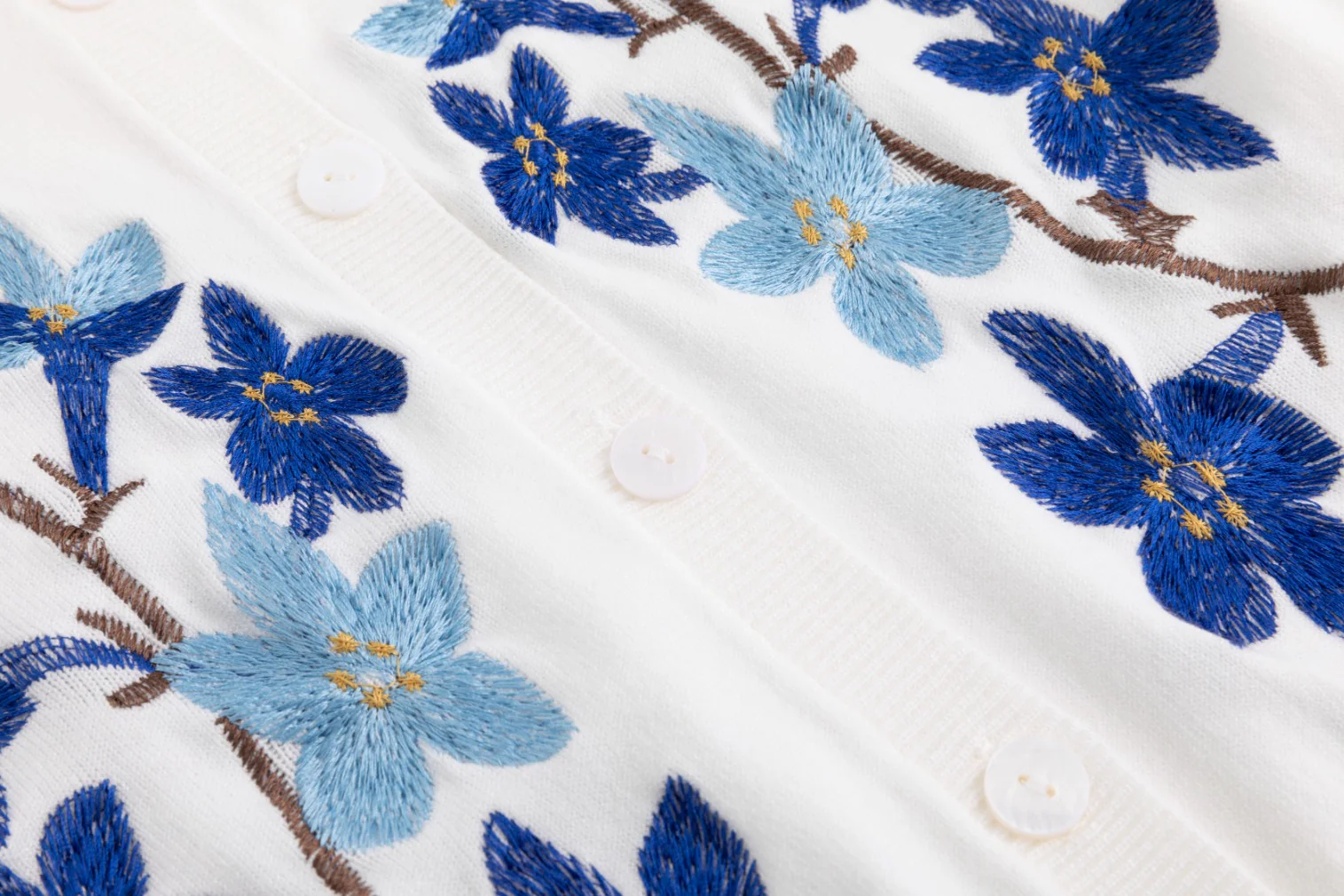 Knit Cardigan With Dark Bule Embroidery - Ivory - Image 4
