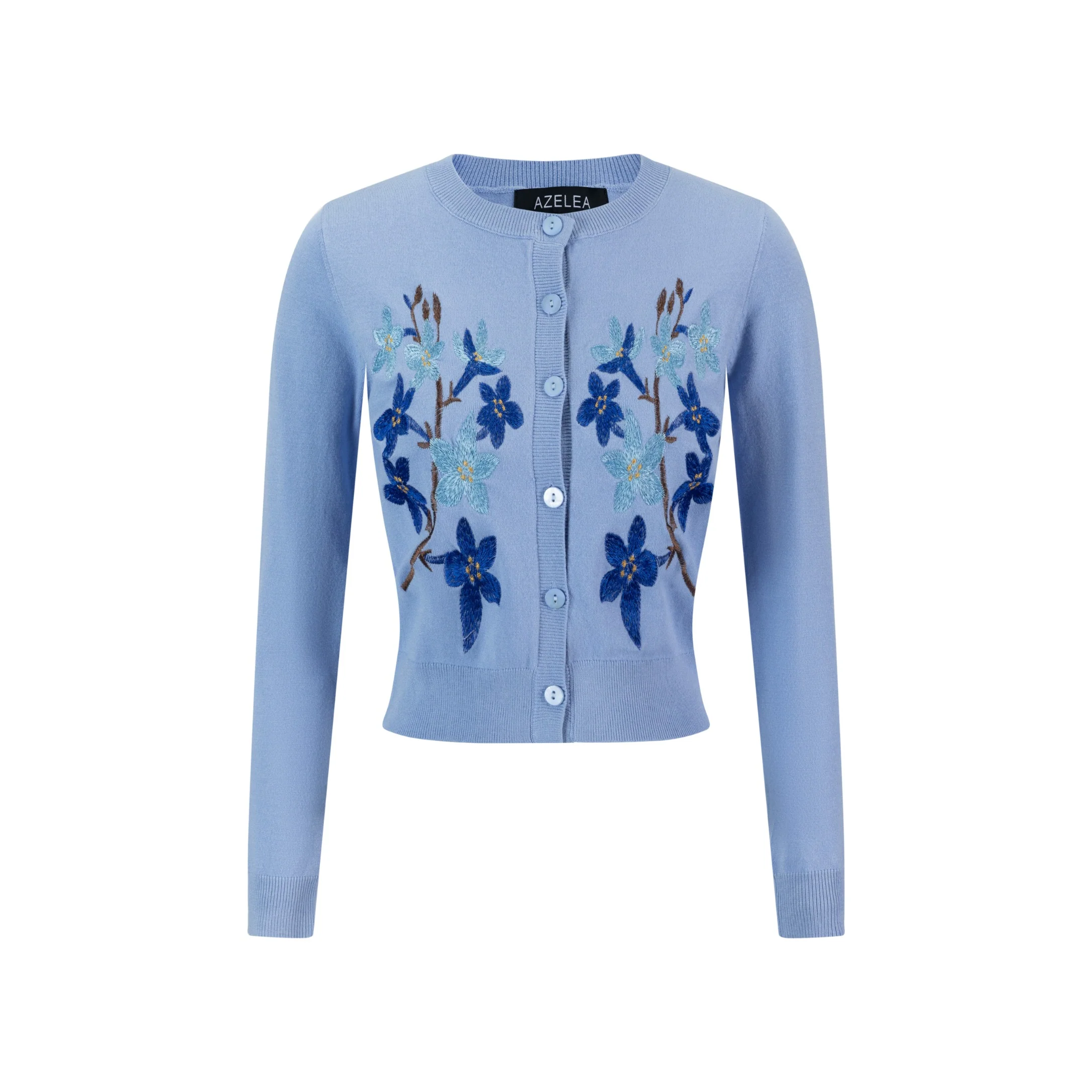 Knit Cardigan With Dark Bule Embroidery - Light Blue - Image 2