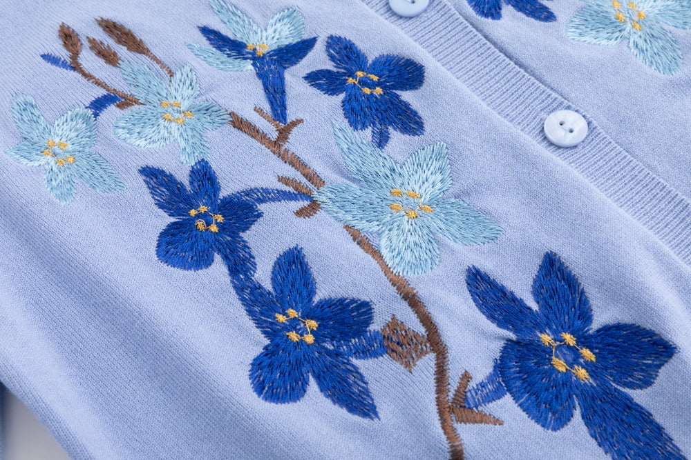 Knit Cardigan With Dark Bule Embroidery - Light Blue - Image 5