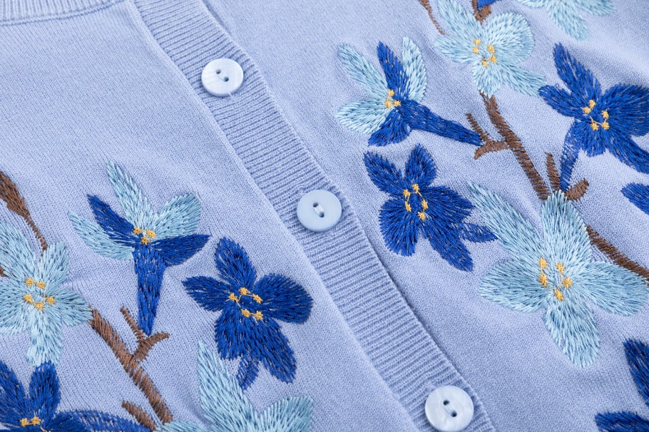 Knit Cardigan With Dark Bule Embroidery - Light Blue - Image 6