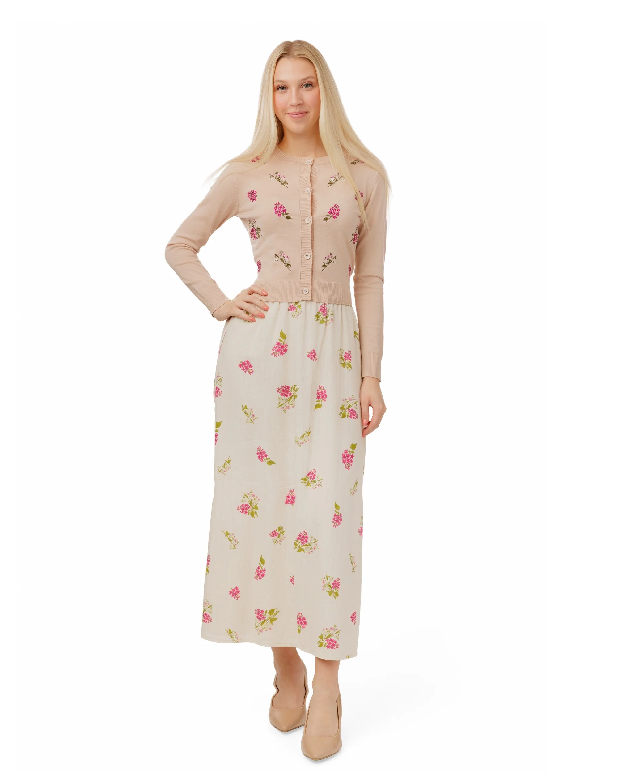 Knit Cardigan With Raspberry Floral Clusters - Mauve
