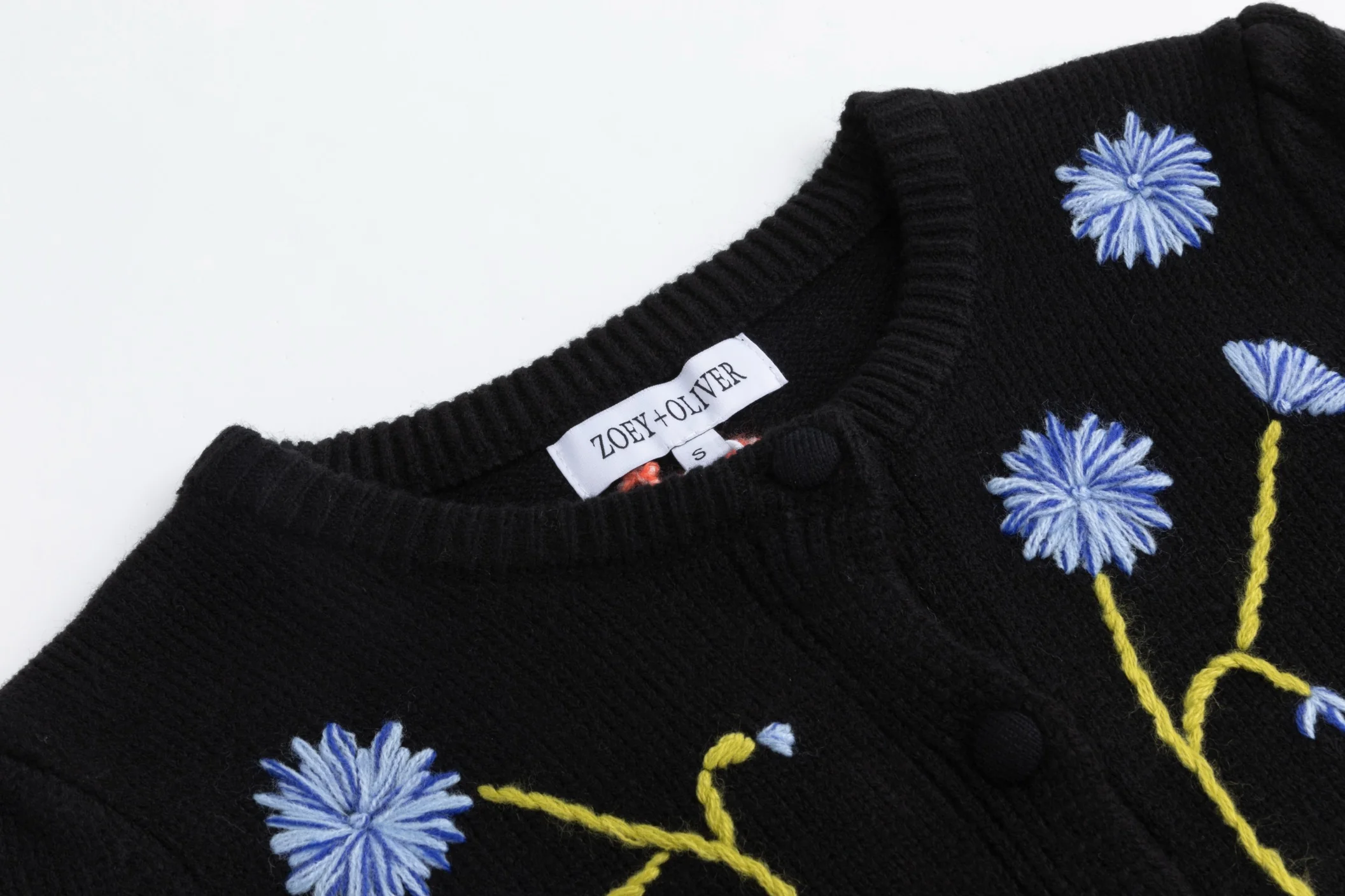 Knit Sweater With Floral Embroidery - Black - Image 3